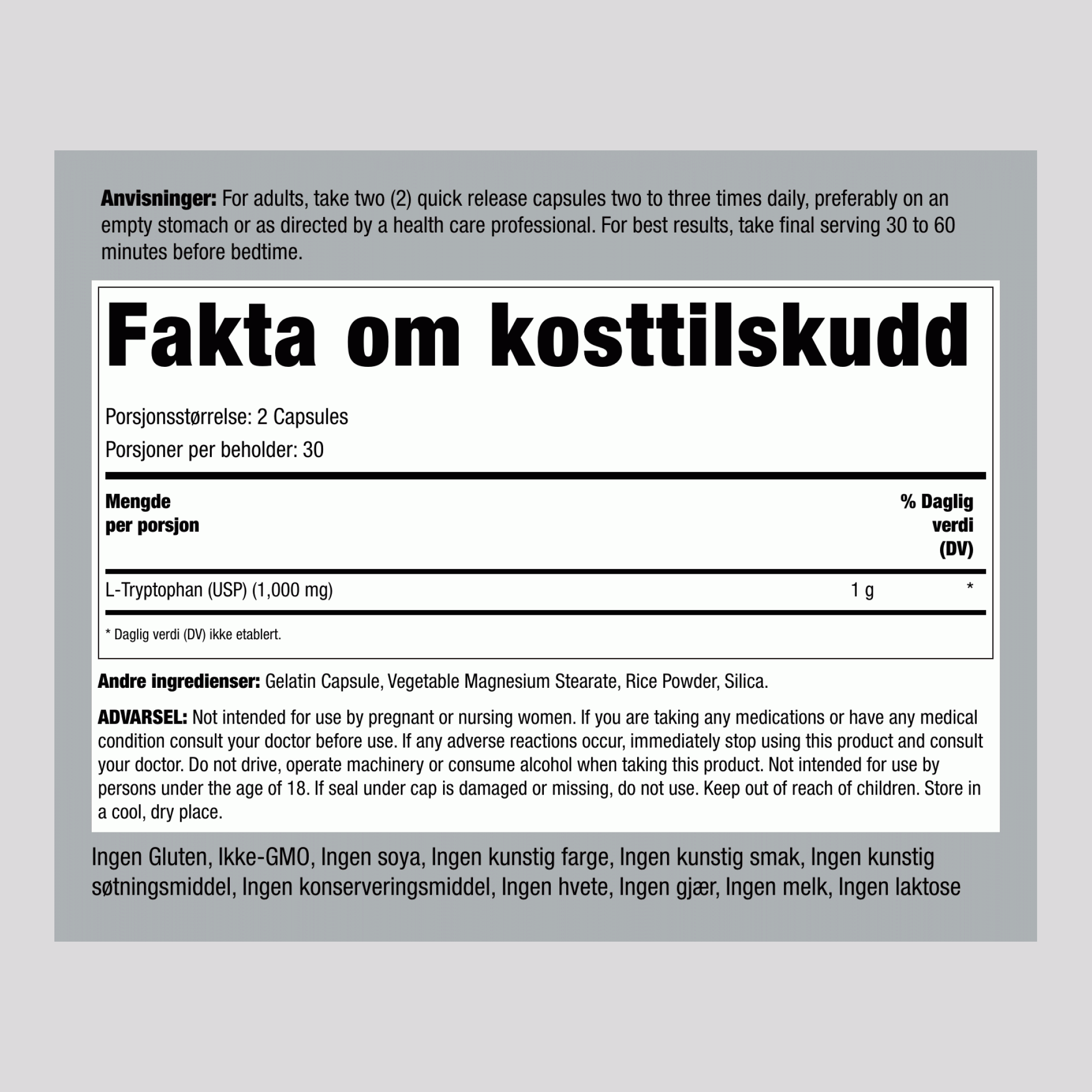 L-tryptofan  500 mg 60 Hurtigvirkende kapsler     