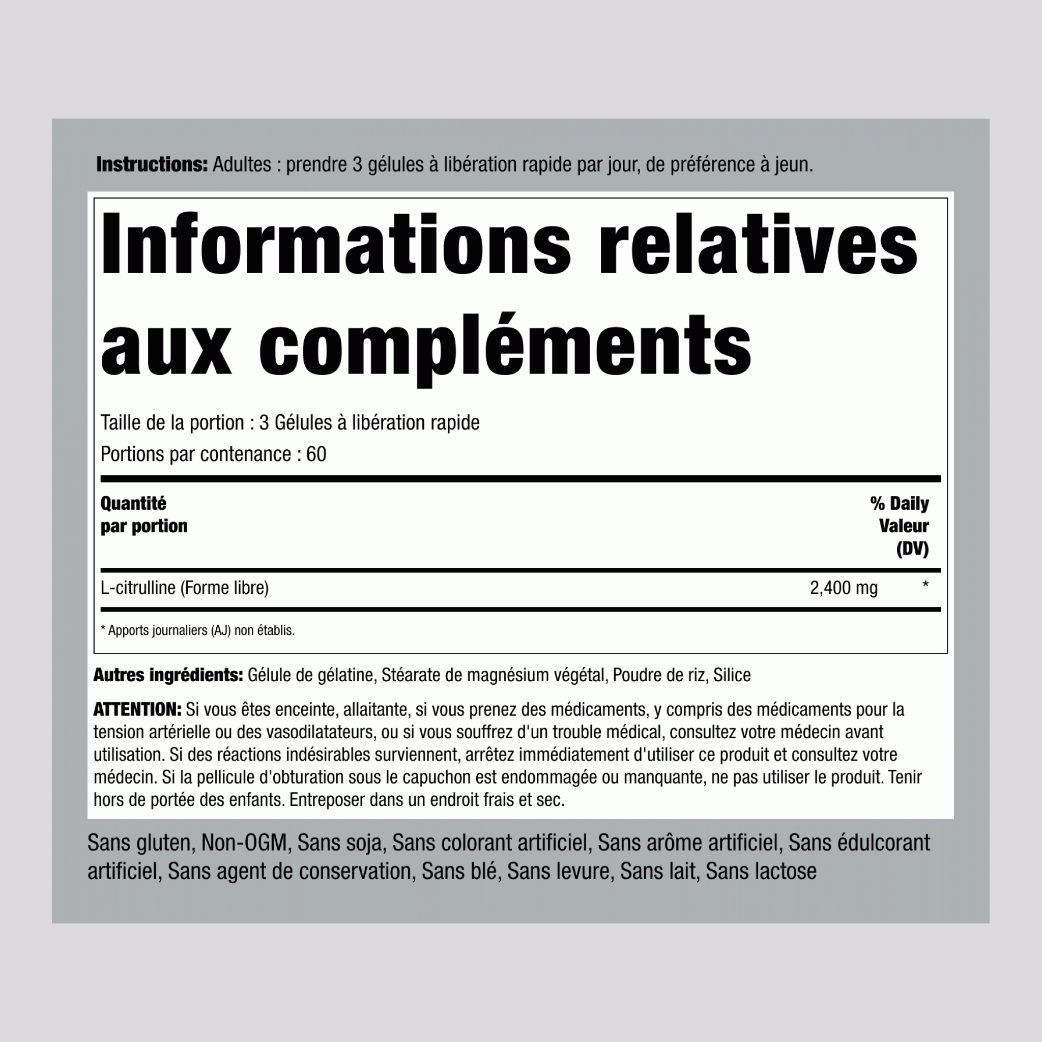 L-Citrulline 2400 mg (par portion) 180 Gélules à libération rapide     