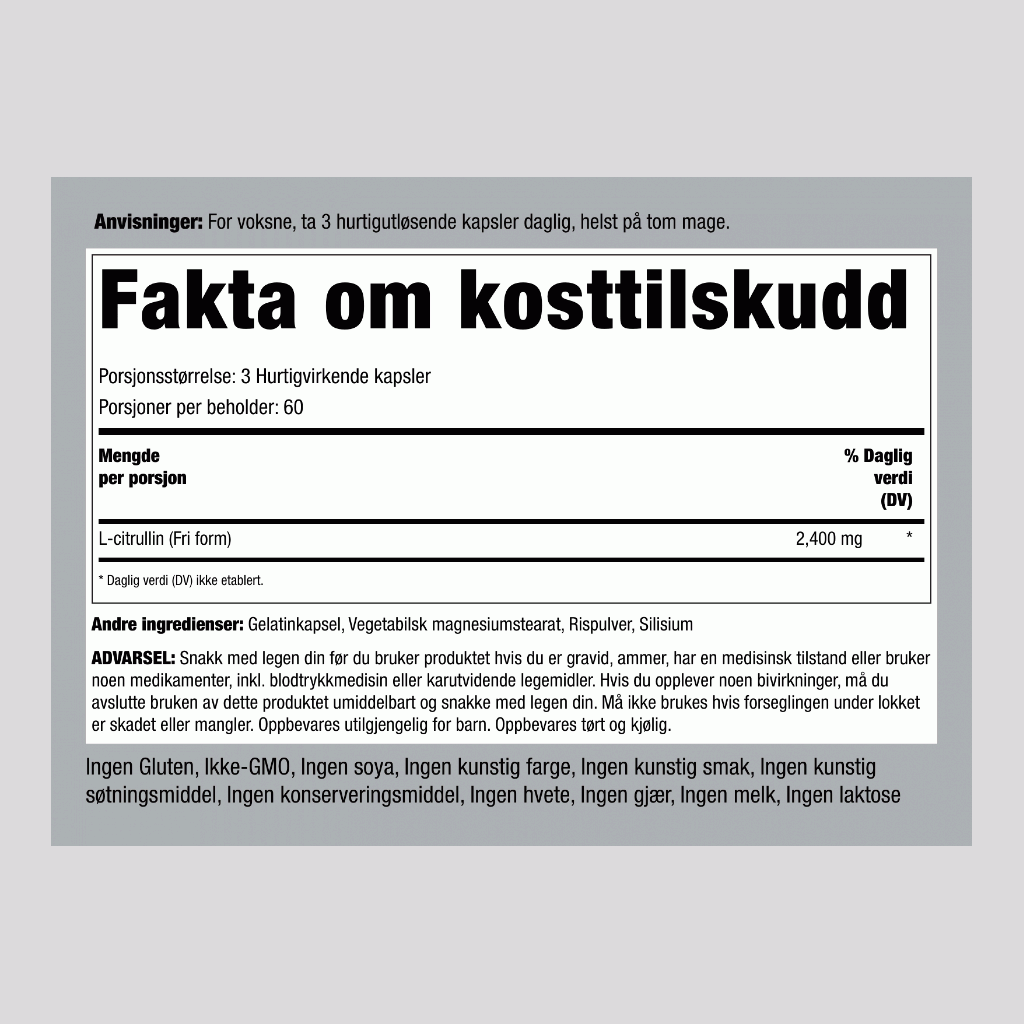 L-citrullin  2400 mg (per dose) 180 Hurtigvirkende kapsler     