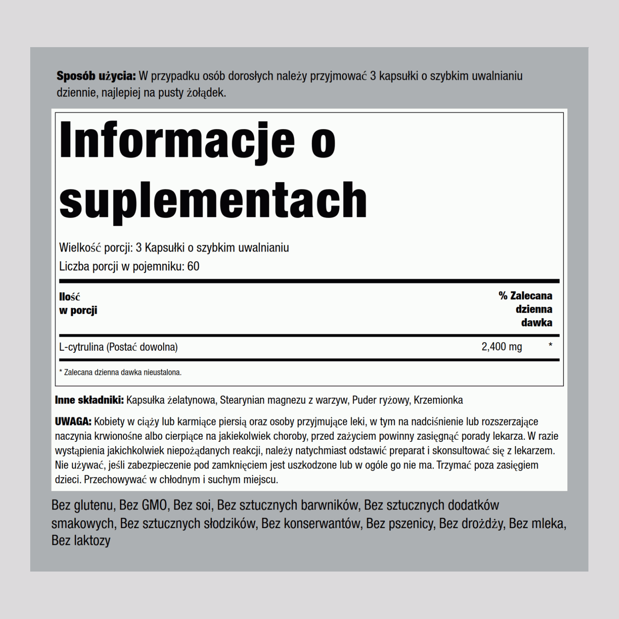 L-cytrulina  2400 mg (na porcję) 180 Kapsułki o szybkim uwalnianiu     