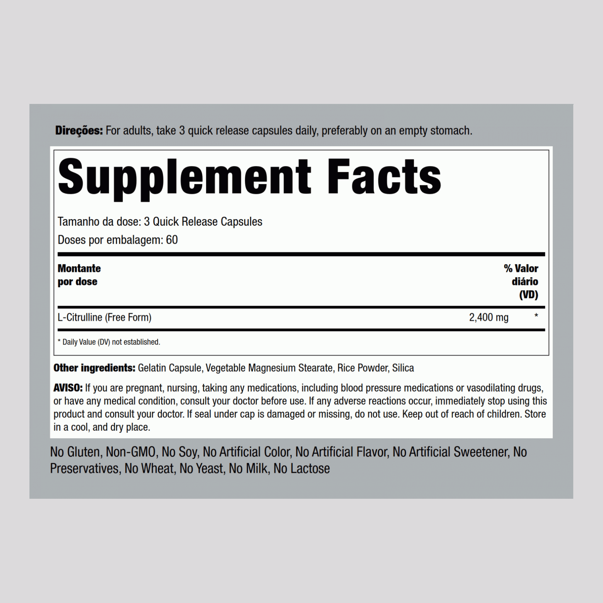 L-citrulina  2400 mg (por dose) 180 Cápsulas de Rápida Absorção     