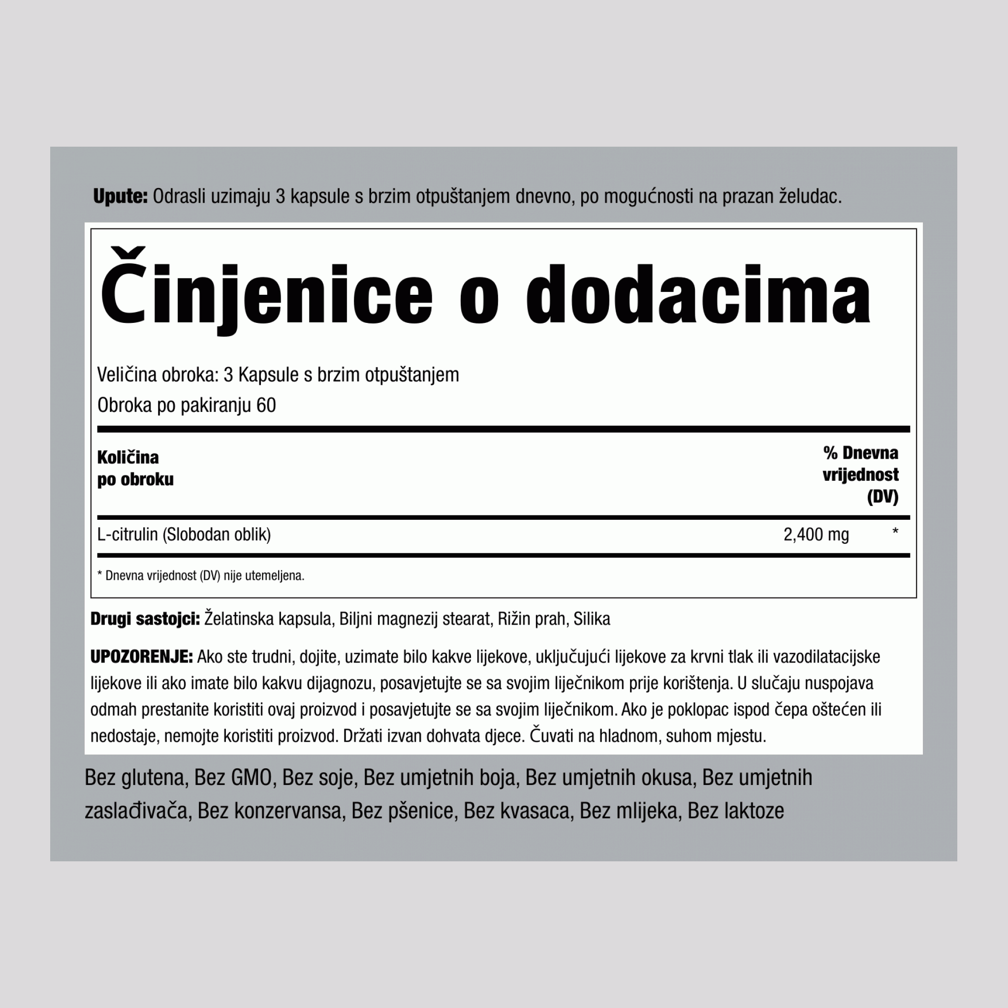 L-citrulin  2400 mg (po obroku) 180 Kapsule s brzim otpuštanjem 2 Boce  