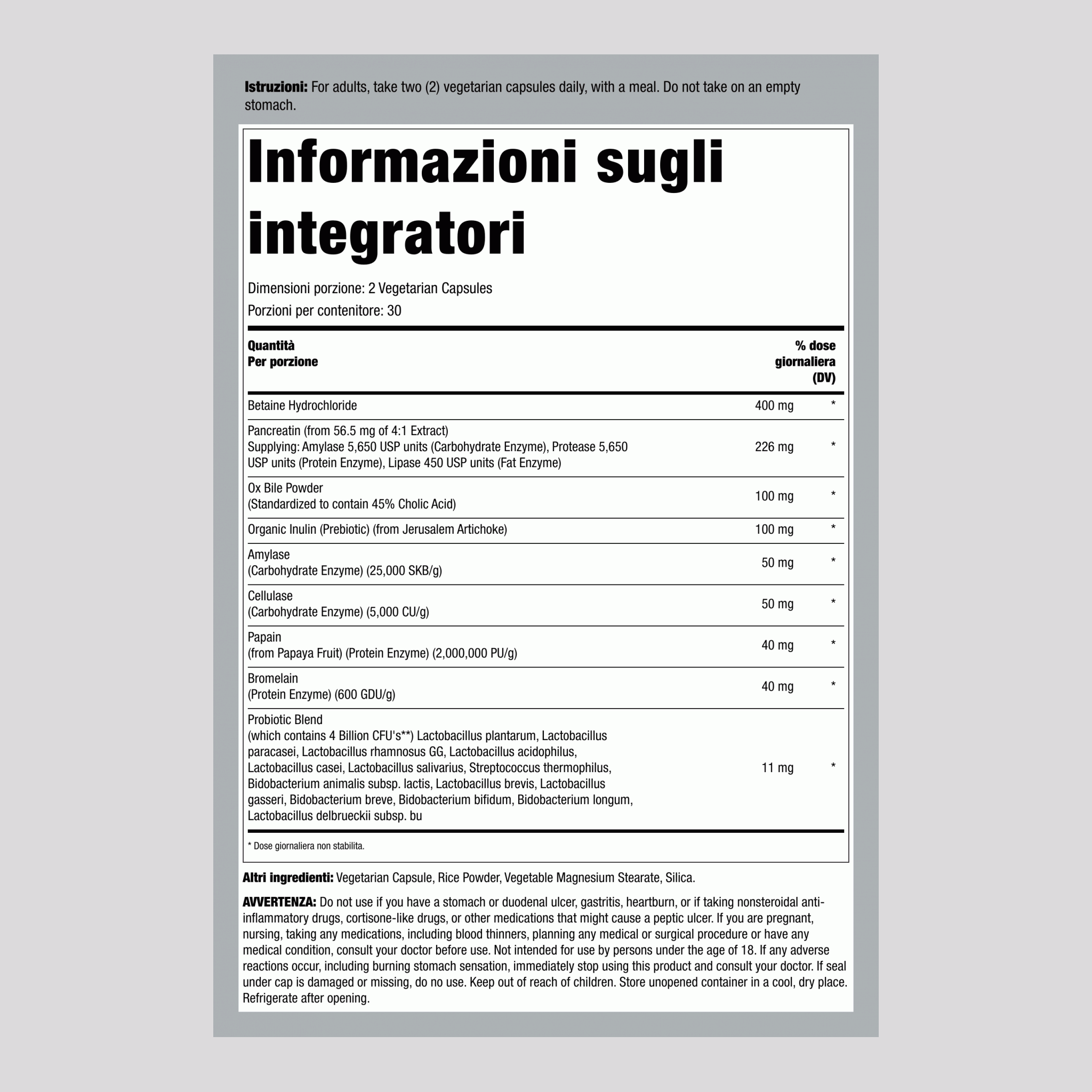 Digestivo Completo Multi-Enzima + Probiotico, 60 Capsule Vegetariane