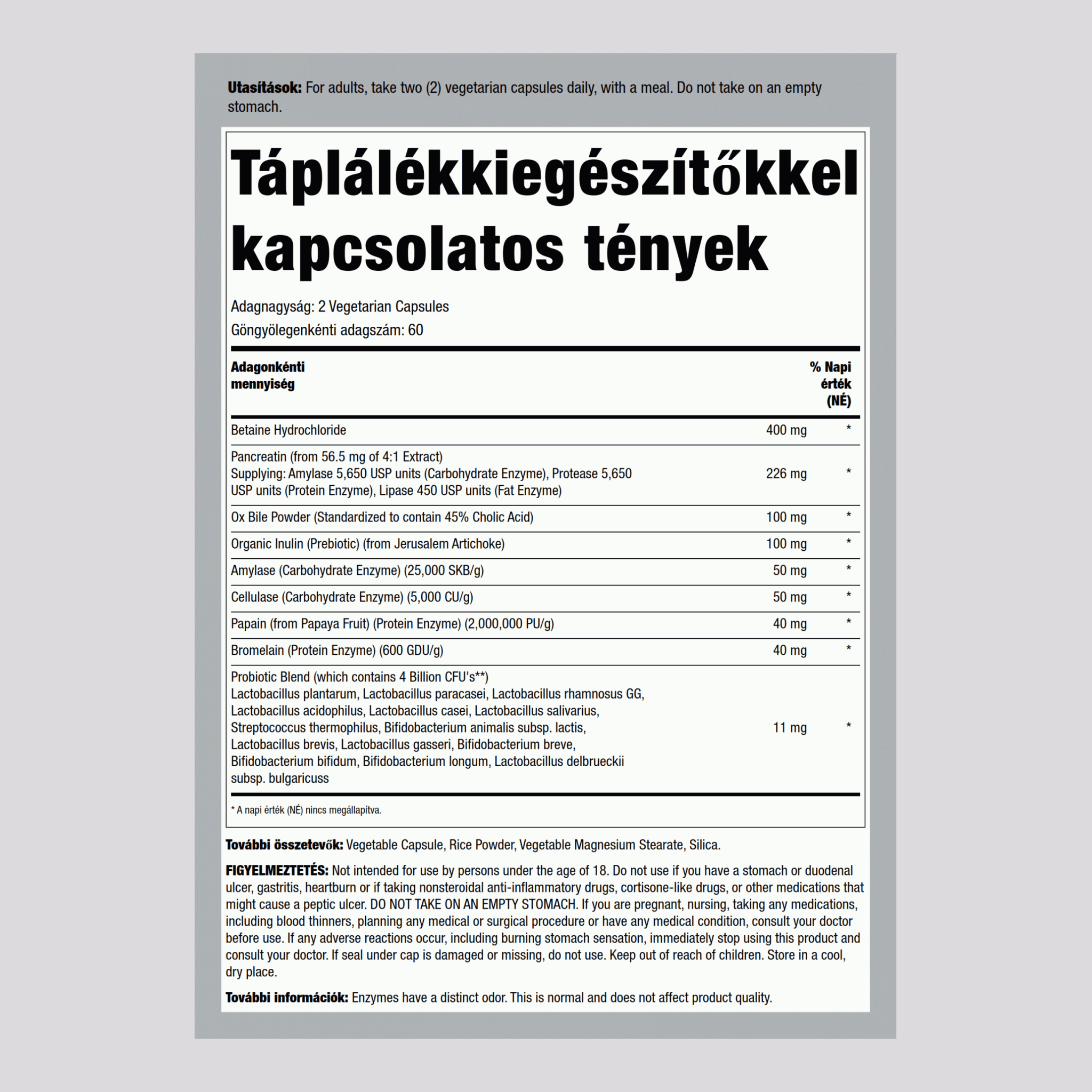 Teljes, emésztést elősegítő multienzim 120 Gyorsan oldódó kapszula       