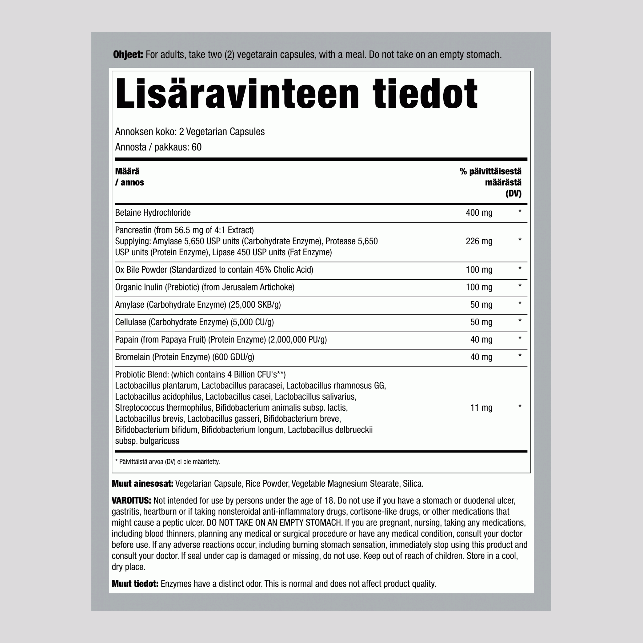 Täysi monientsyymi-ruoansulatusaine,  120 Kasviskapselit 2 Pulloa