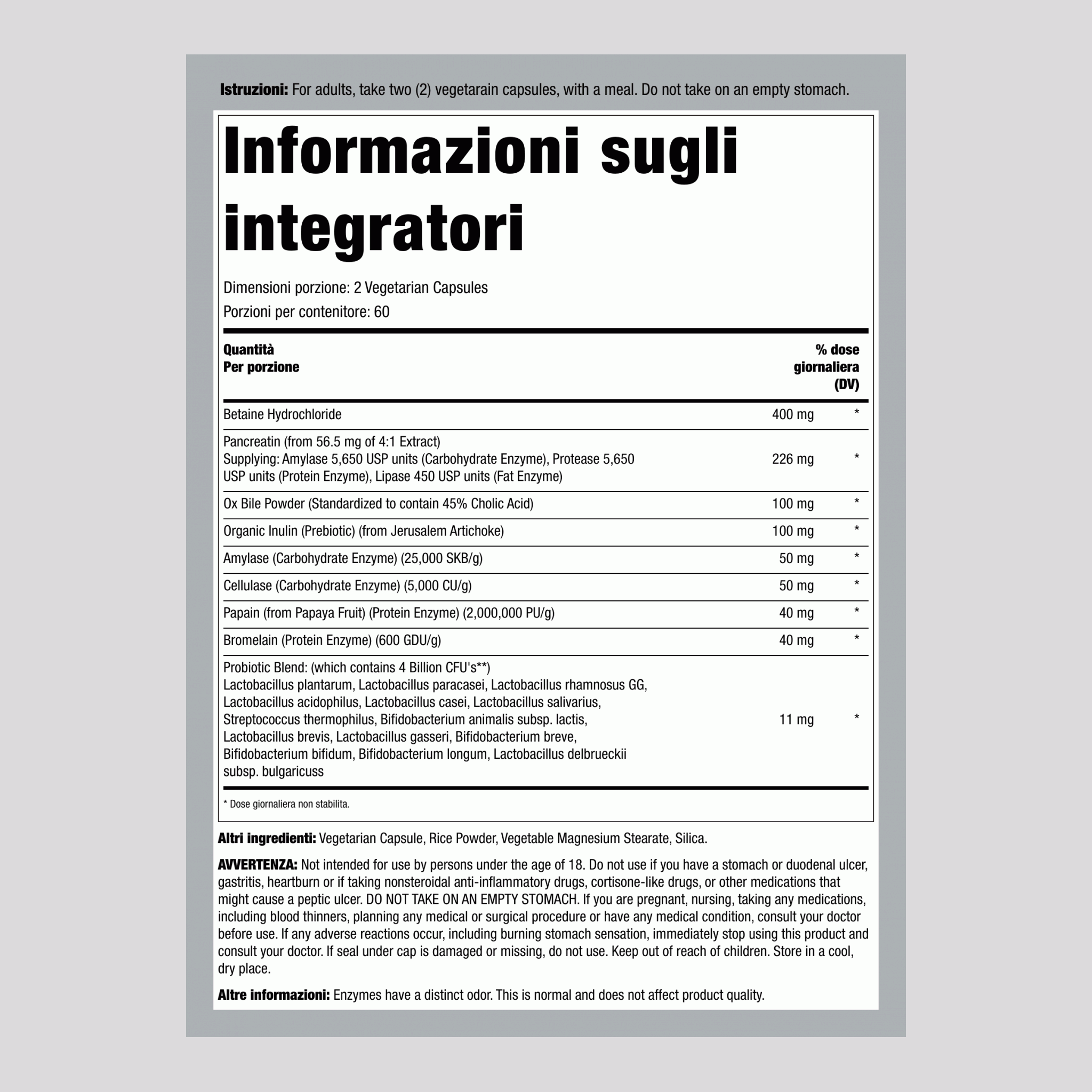 Digestivo completo multienzimi,  120 Capsule vegetariane 2 Bottiglie