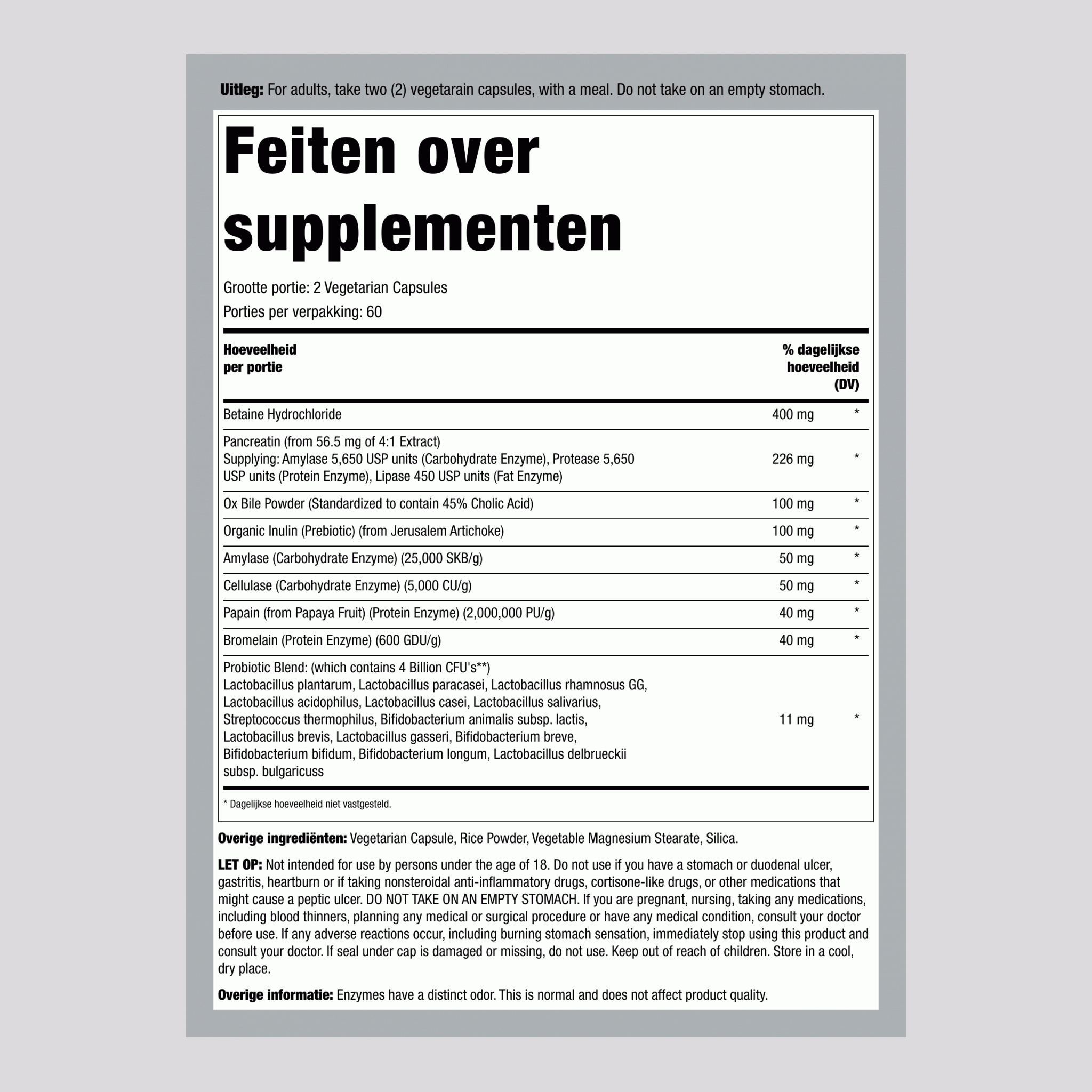 Compleet multi-enzym voor spijsvertering,  120 Vegetarische capsules 2 Flessen