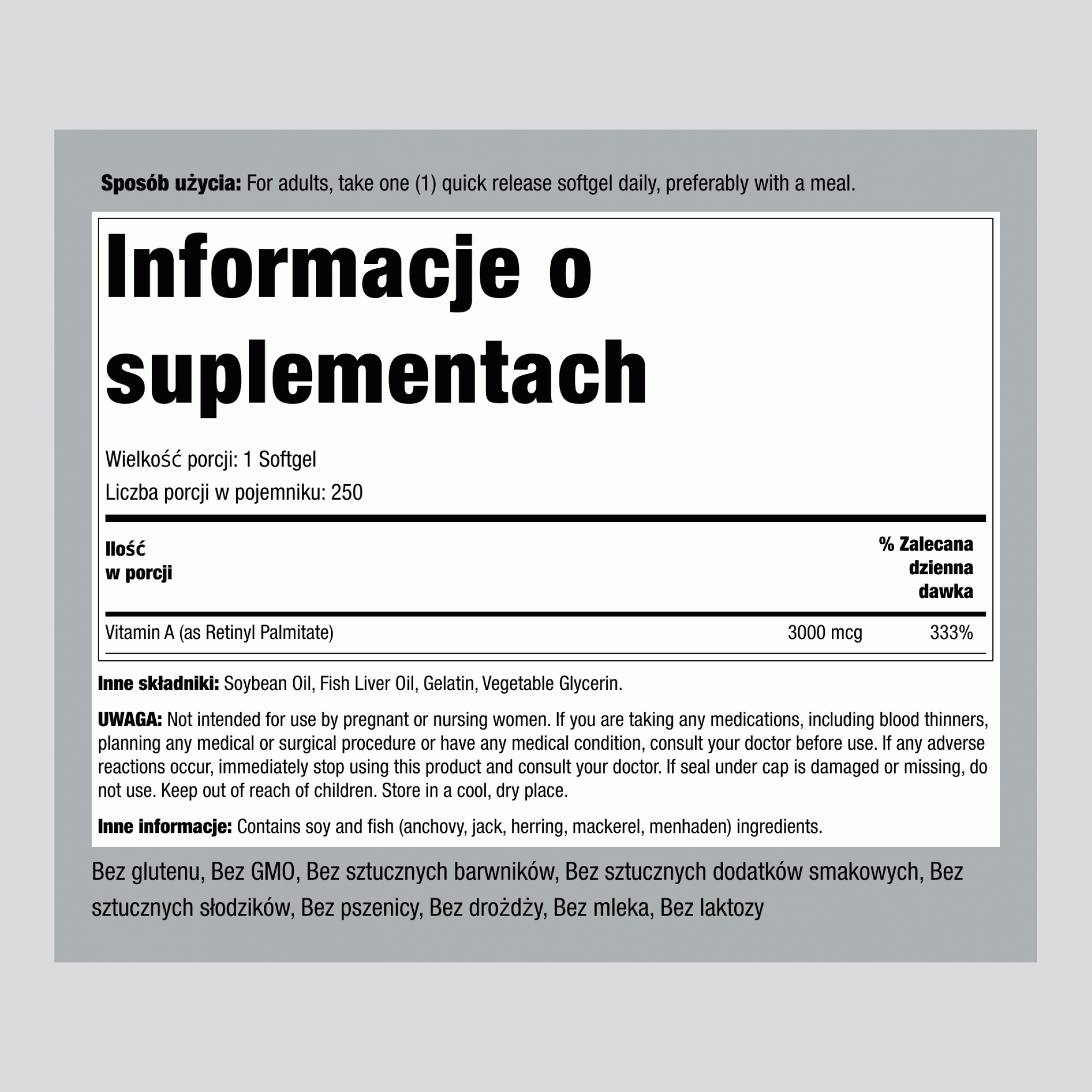 Witamina A  10,000 IU 250 Miękkie kapsułki żelowe o szybkim uwalnianiu     