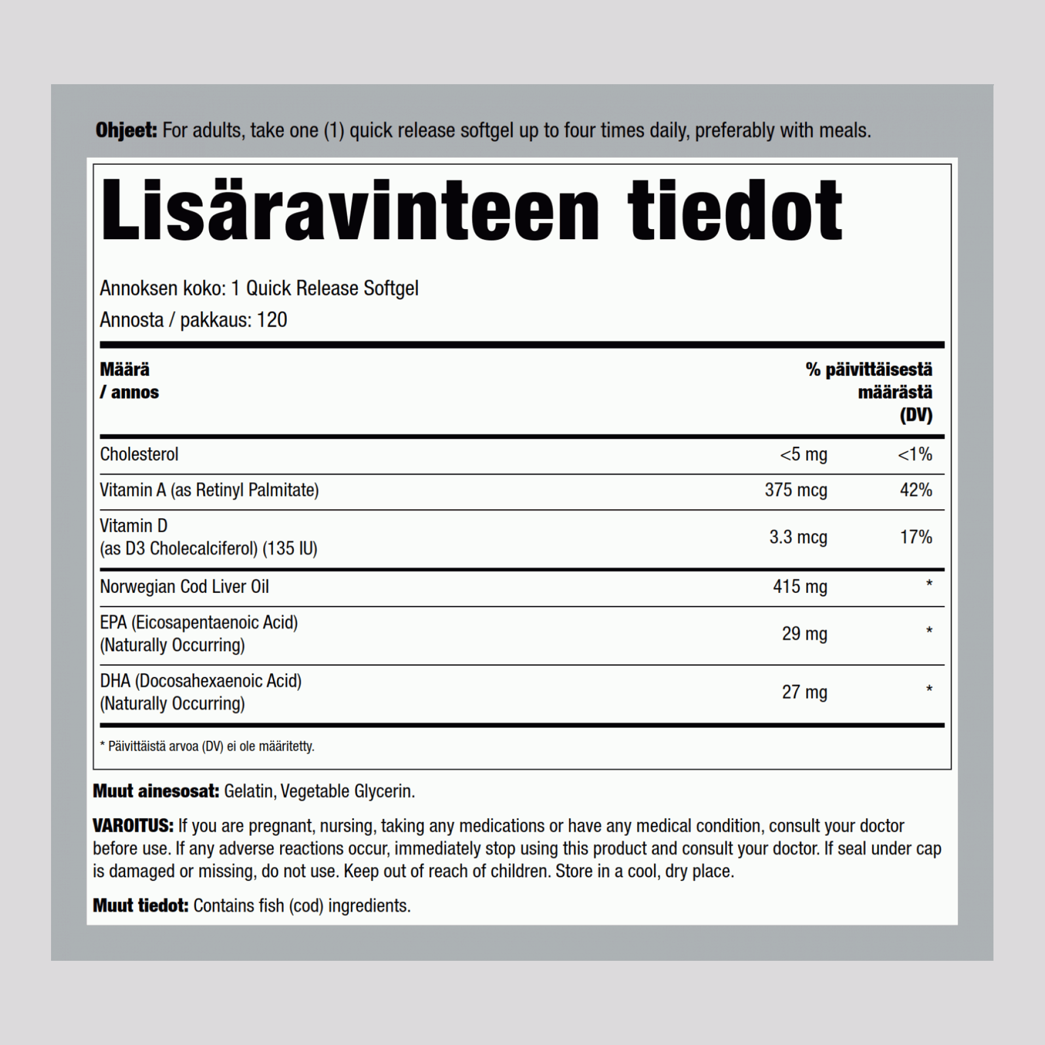 Kalanmaksaöljy  (Norwegian) 415 mg 120 Pikaliukenevat geelit     