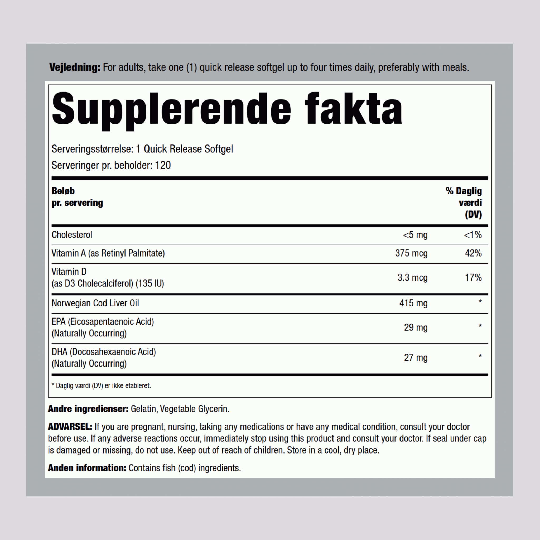 Torskeleverolie  (Norwegian) 415 mg 120 Softgel for hurtig frigivelse     