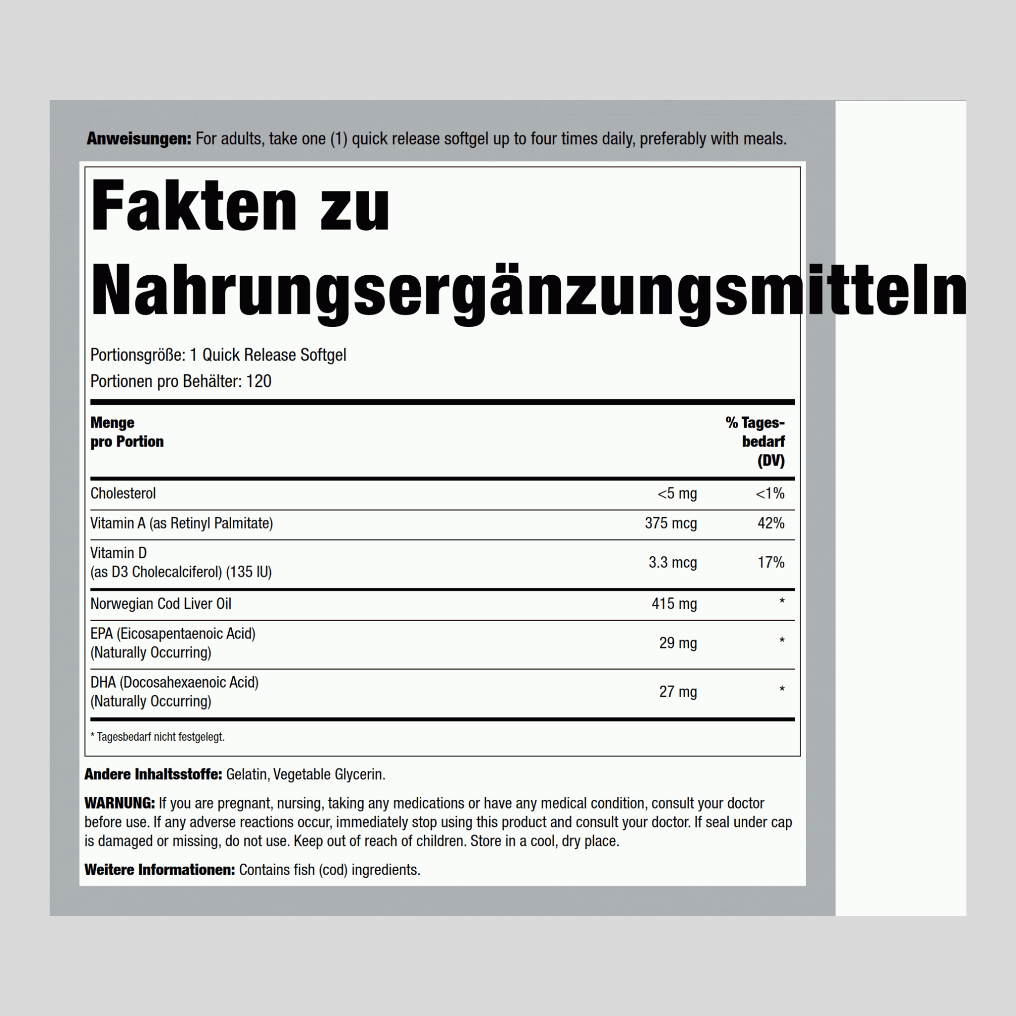 Lebertran  (Norwegian) 415 mg 120 Softgele mit schneller Freisetzung     