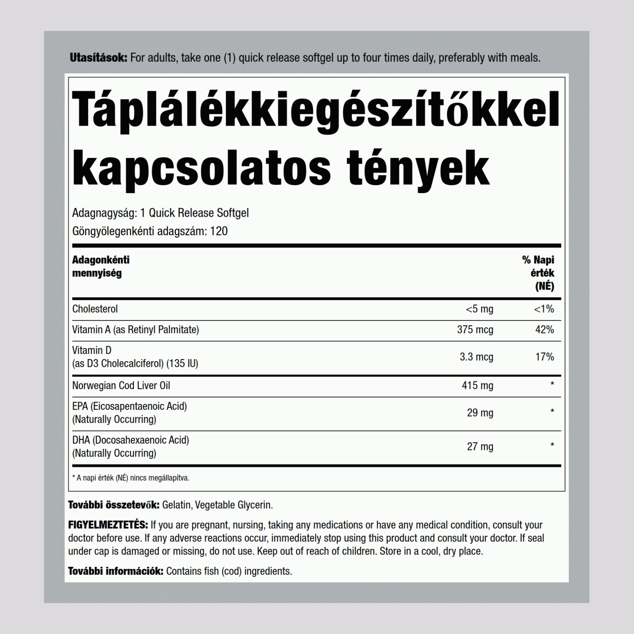 Tőkehalmáj-olaj  (Norwegian) 415 mg 120 Gyorsan oldódó szoftgél     
