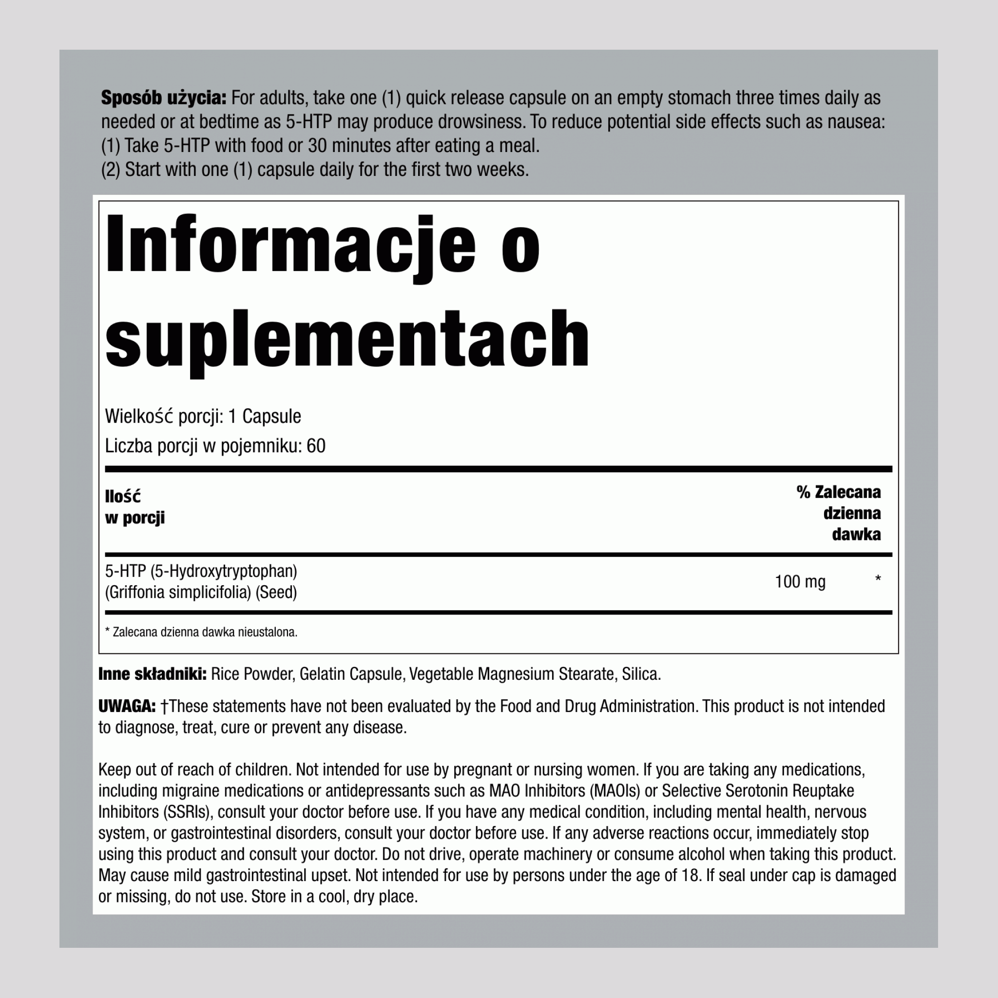 5-HTP  100 mg 60 Kapsułki o szybkim uwalnianiu     