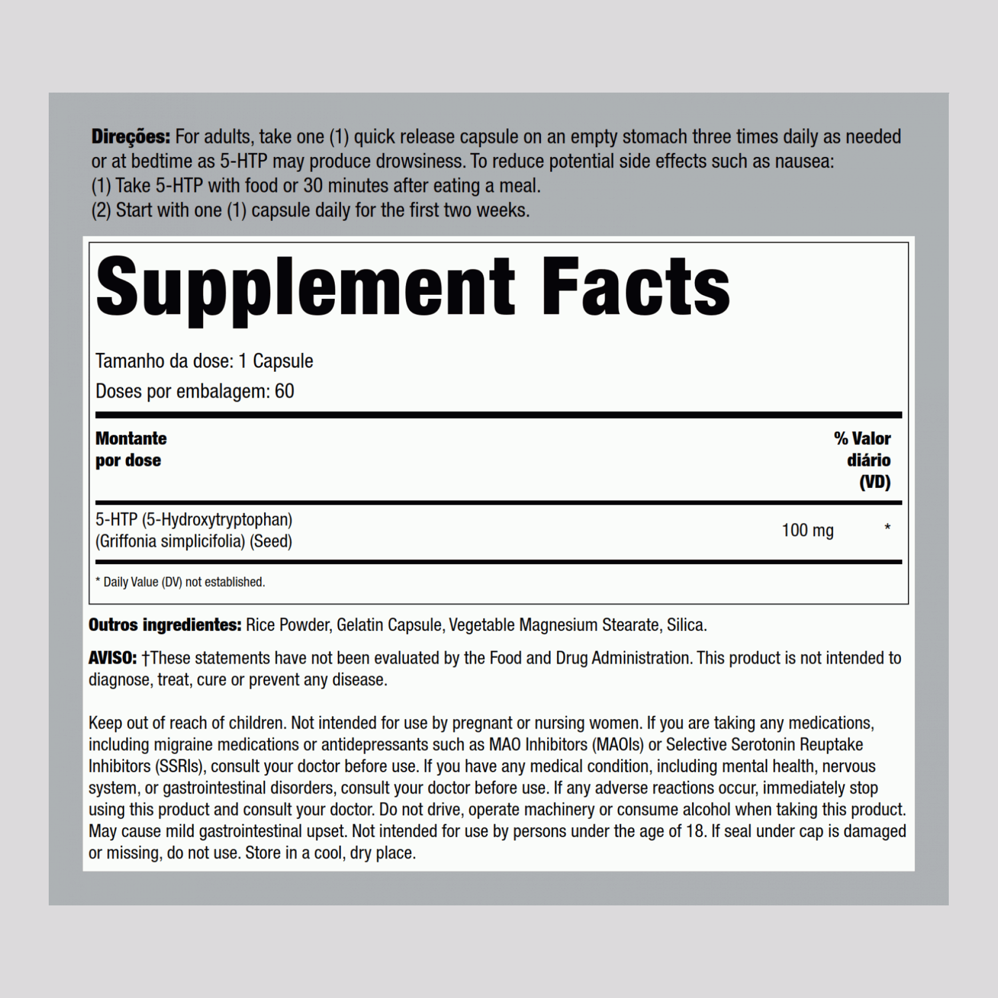 5-HTP  100 mg 60 Cápsulas de Rápida Absorção     