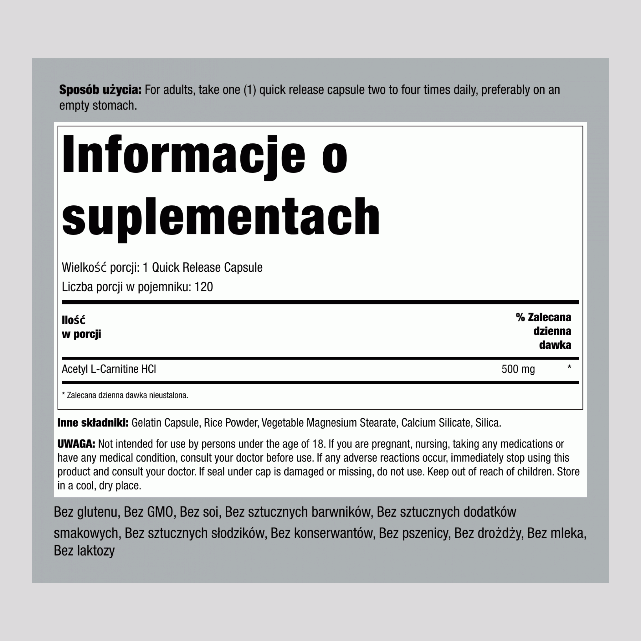 Acetylo L-karnityna  500 mg 120 Kapsułki o szybkim uwalnianiu     
