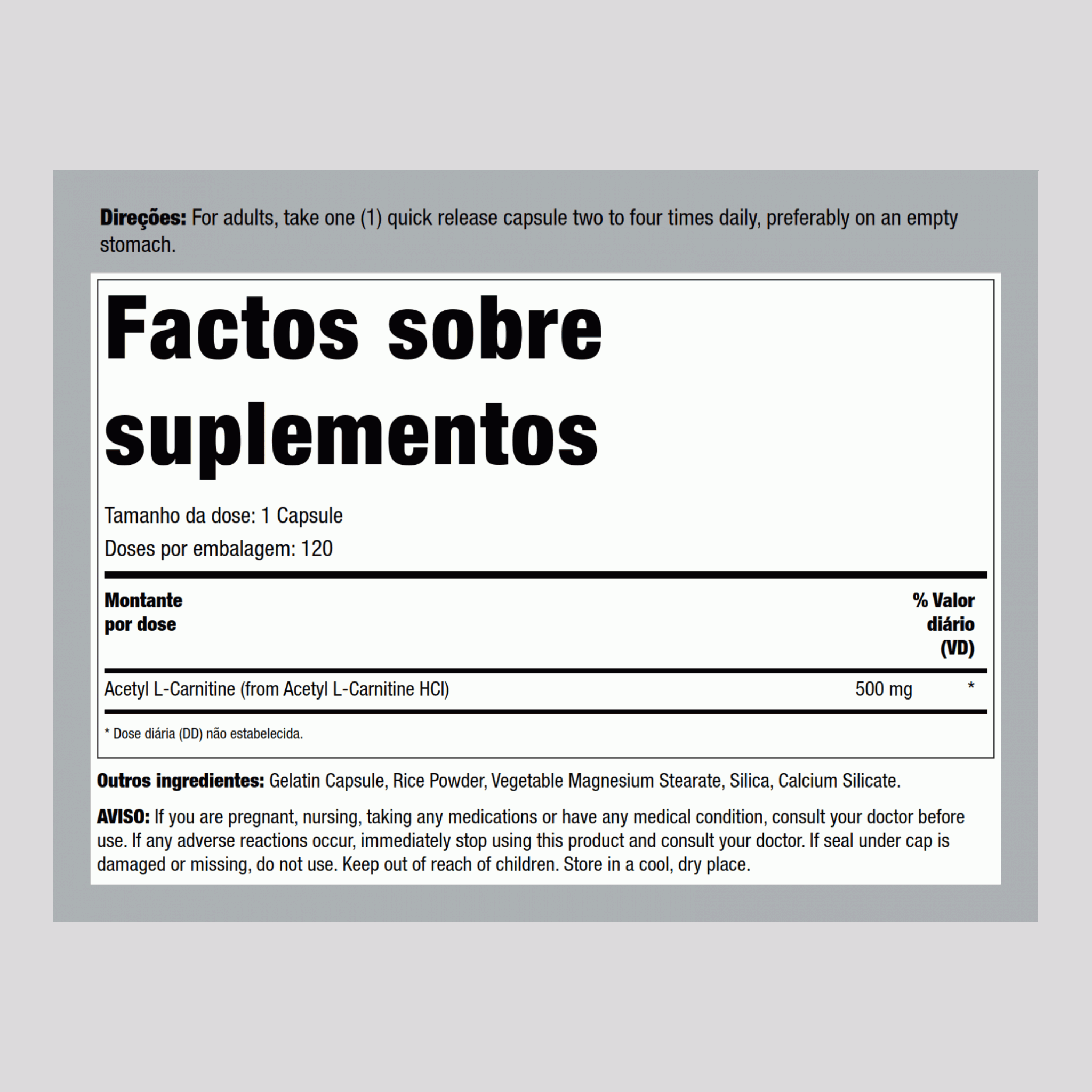 Acetil L-carnitina  500 mg 120 Cápsulas de Rápida Absorção     