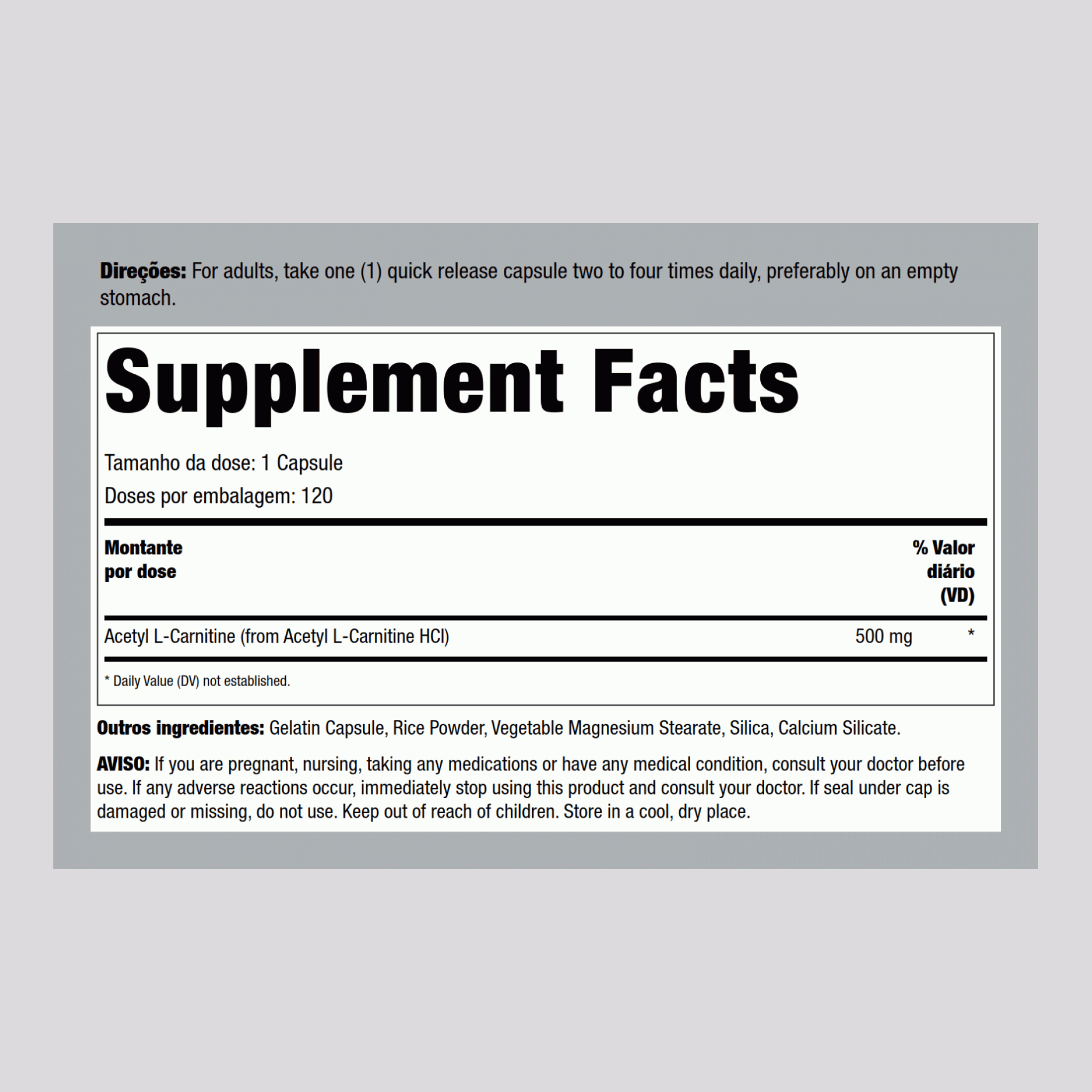 Acetil L-carnitina  500 mg 120 Cápsulas de Rápida Absorção     