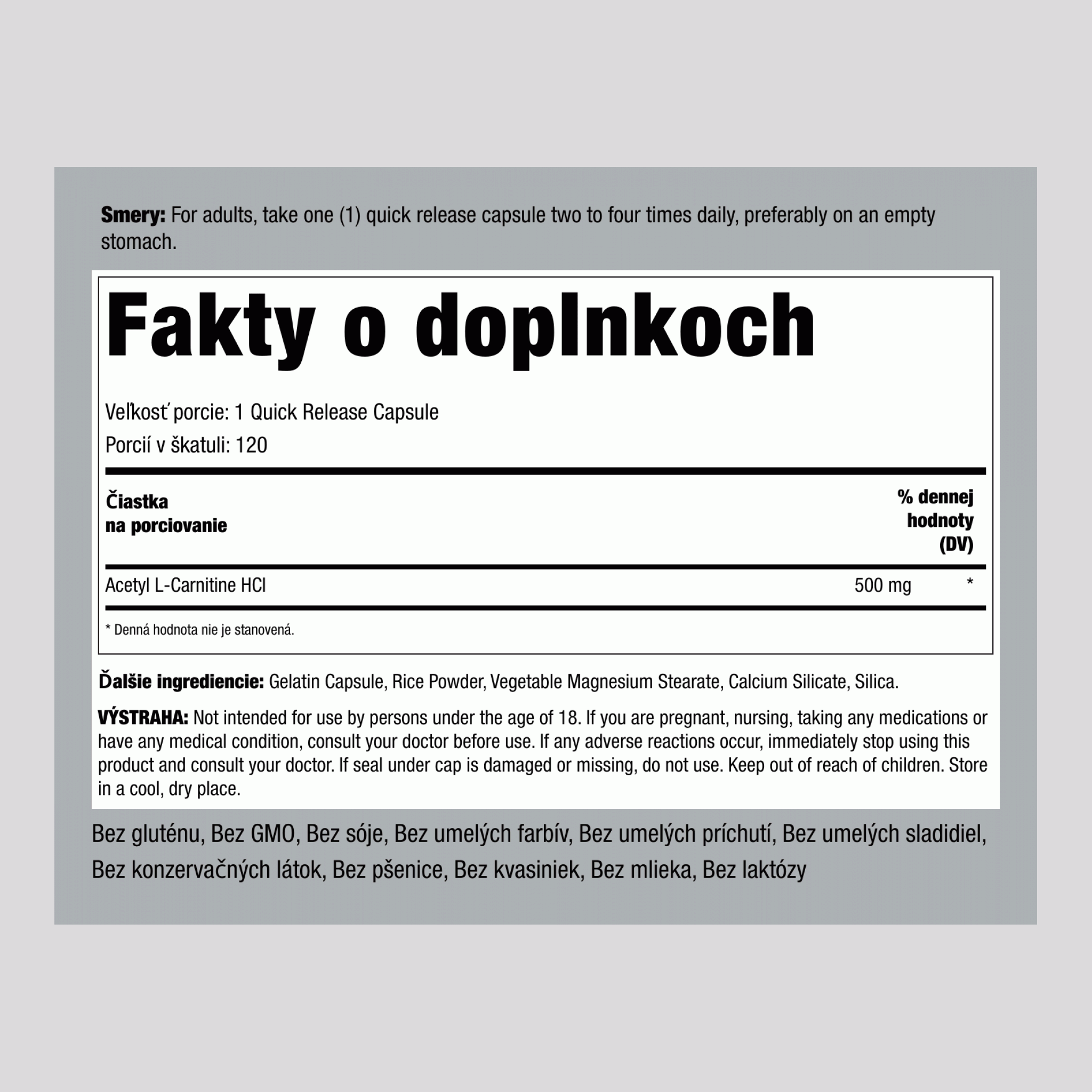 Acetyl L-Carnitine  500 mg 120 Kapsule s rýchlym uvoľňovaním     