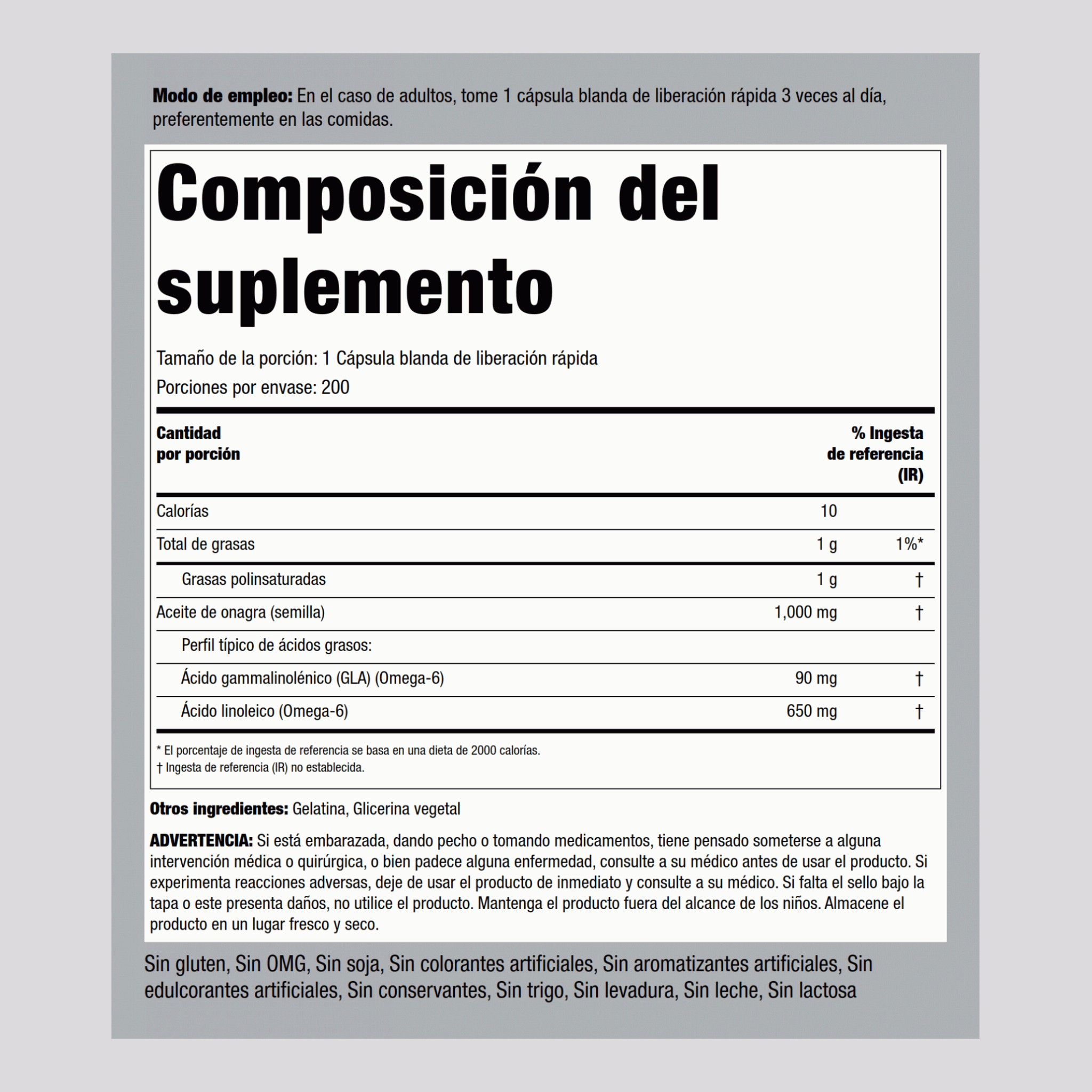 Aceite de onagra 1000 mg 200 Cápsulas blandas de liberación rápida     