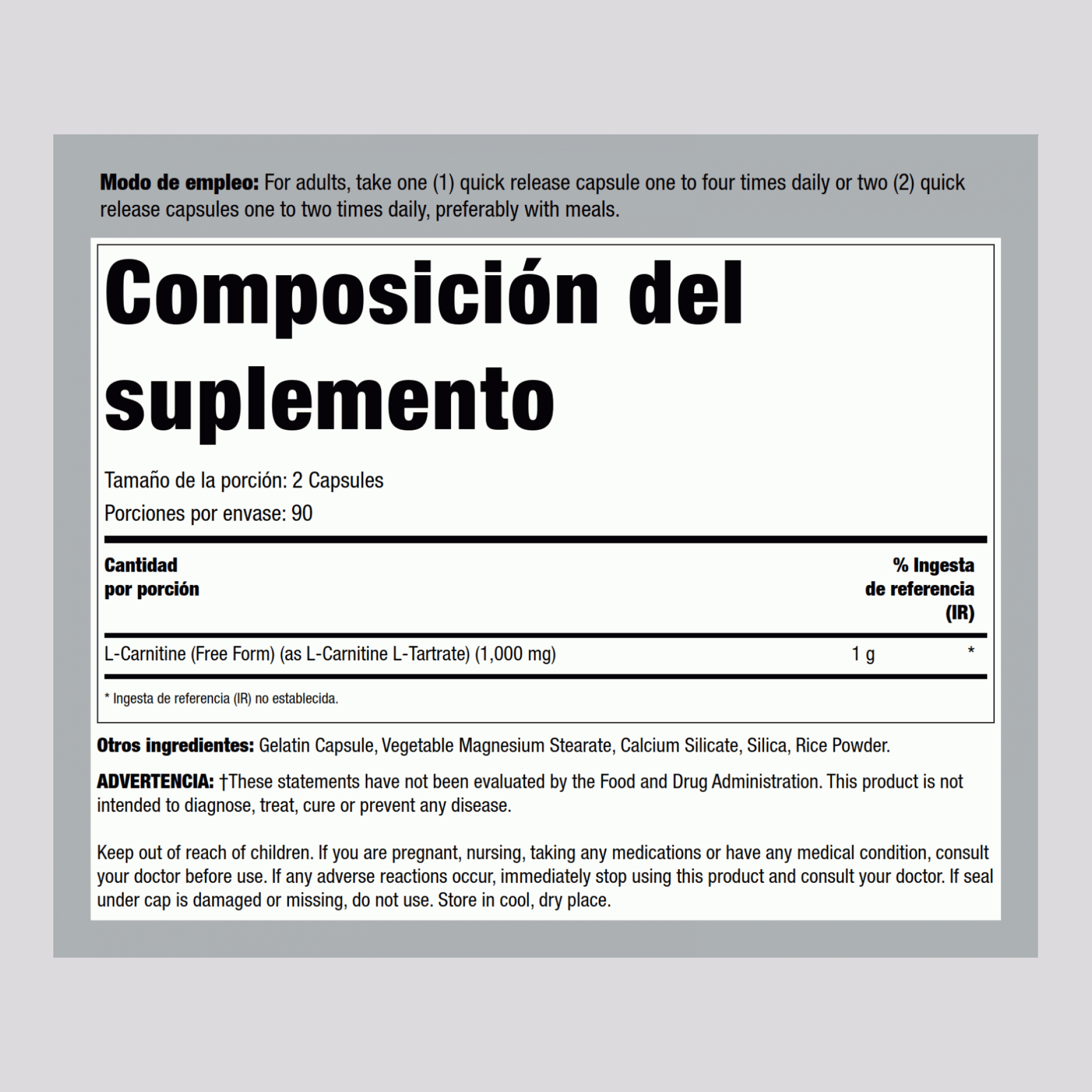 L-carnitina  500 mg 180 Cápsulas     