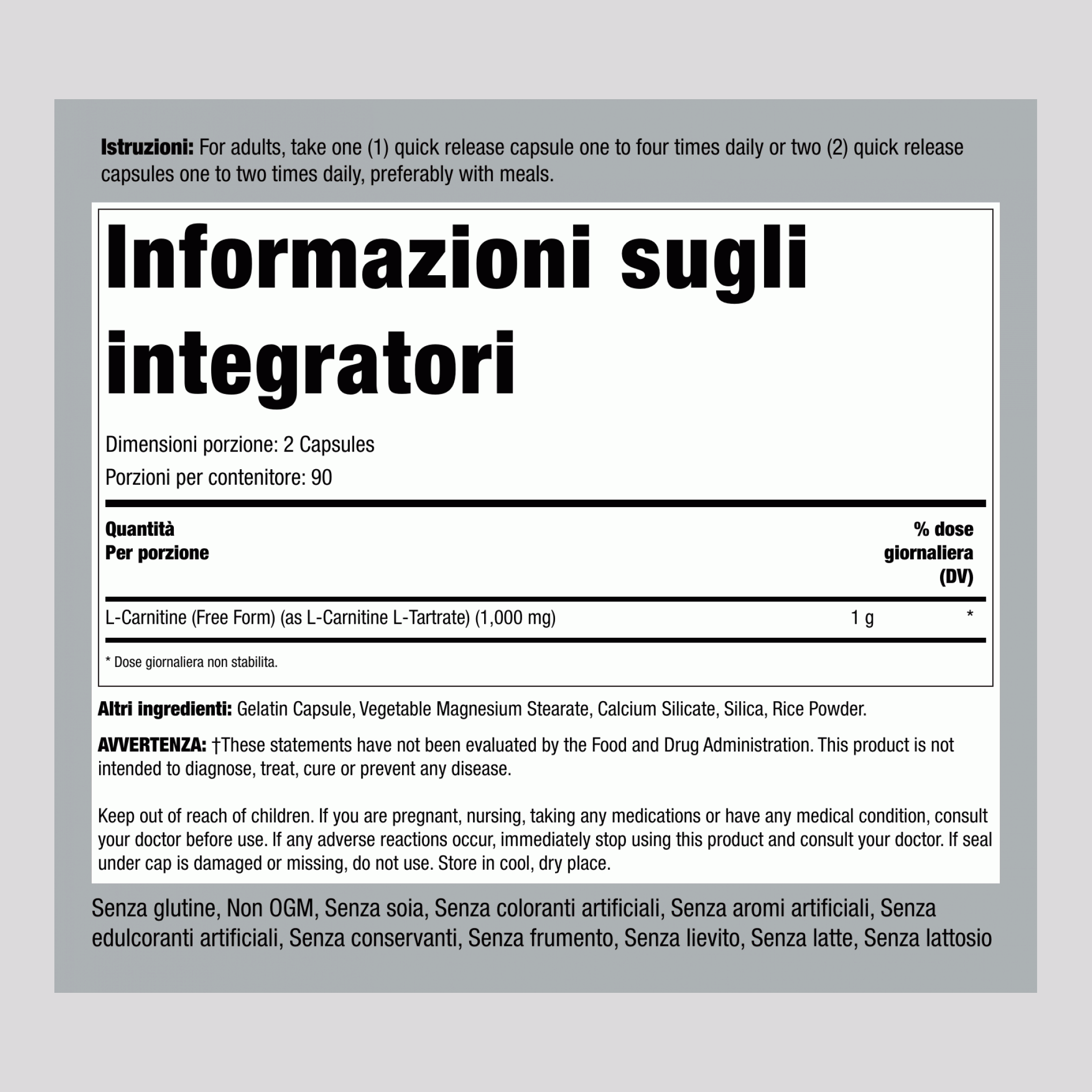 L-carnitina  500 mg 180 Capsule     