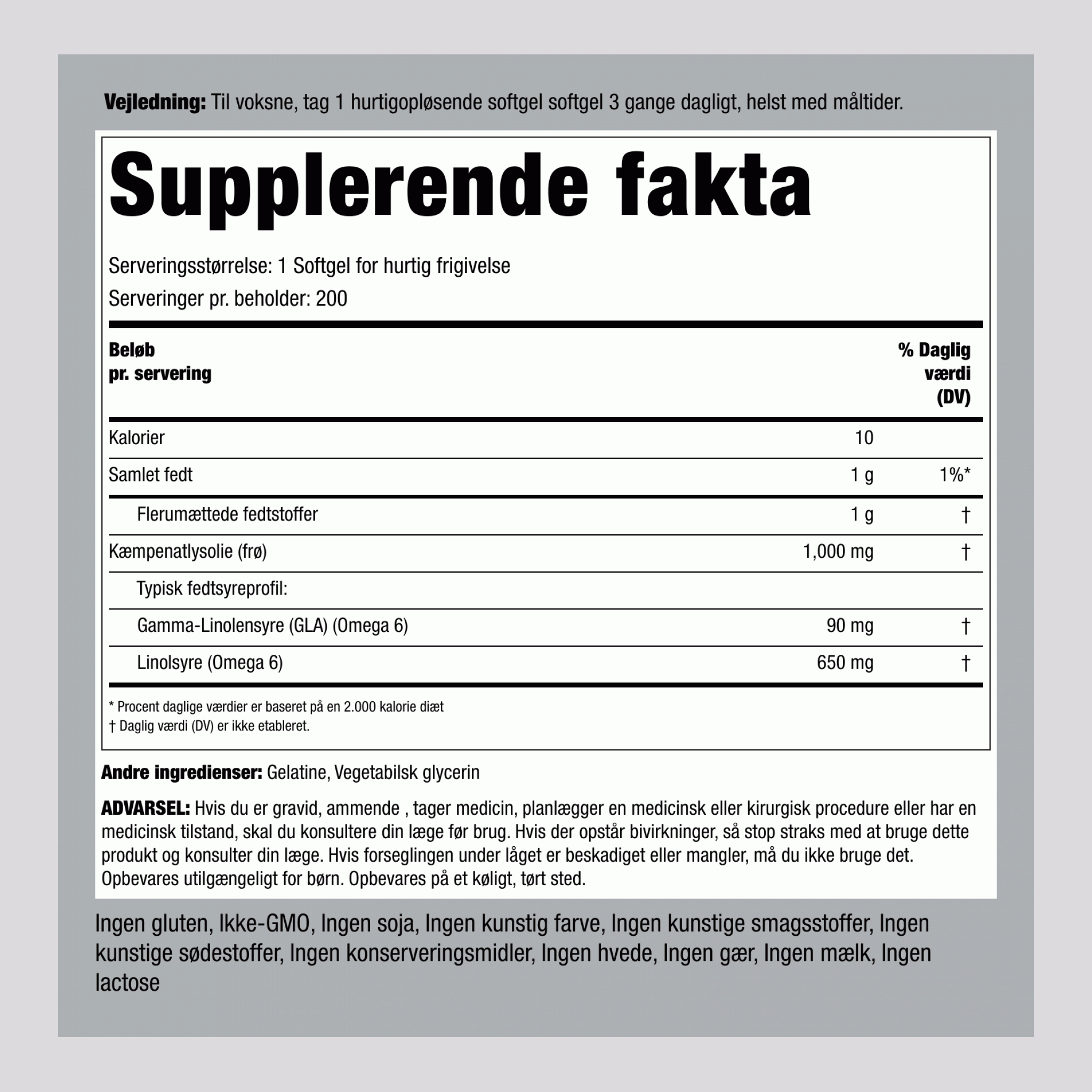 Kæmpenatlysolie  1000 mg 200 Softgel for hurtig frigivelse 2 Flasker   