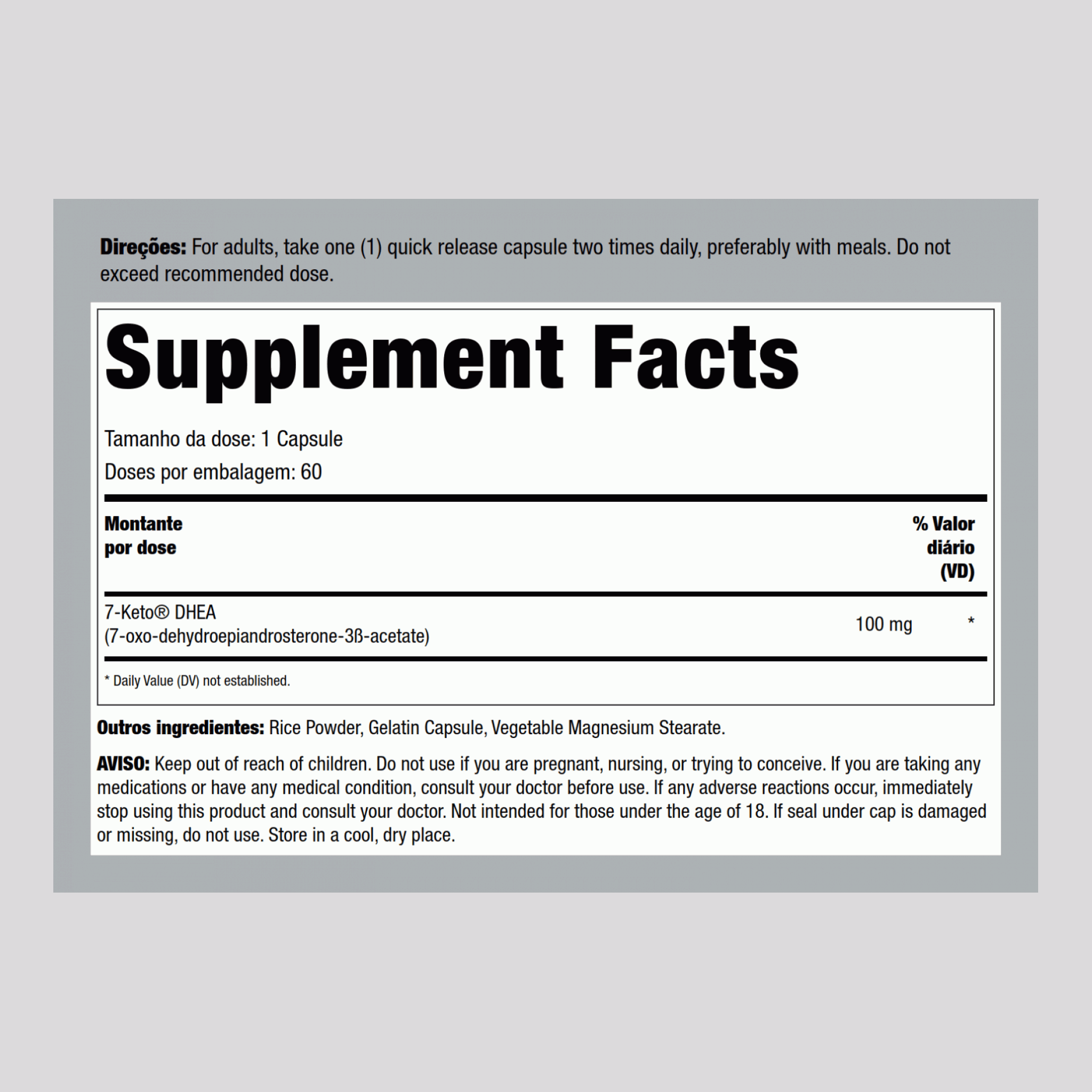 7-Keto DHEA  100 mg 60 Cápsulas de Rápida Absorção     