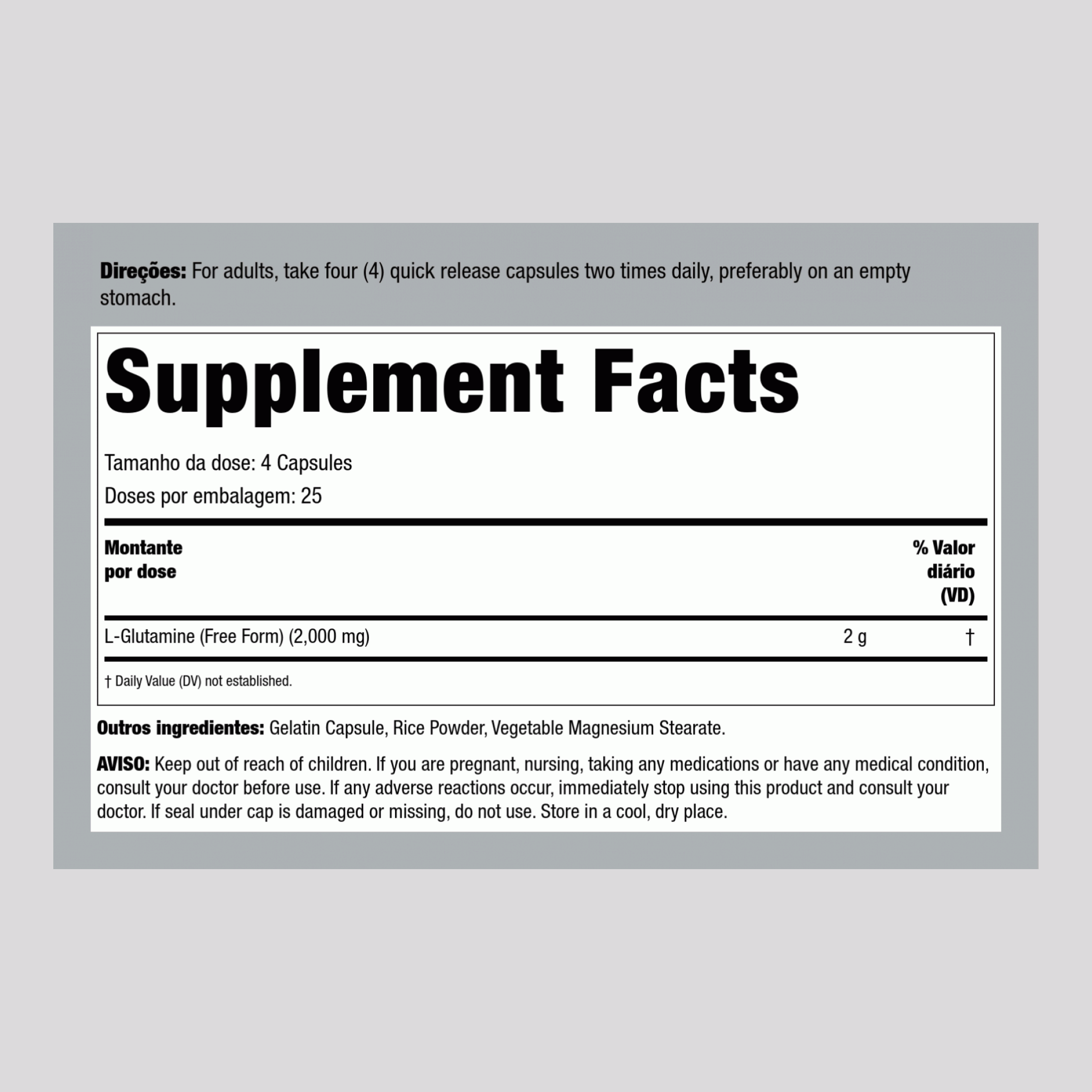 L-glutamina 500 mg 100 Cápsulas de Rápida Absorção     
