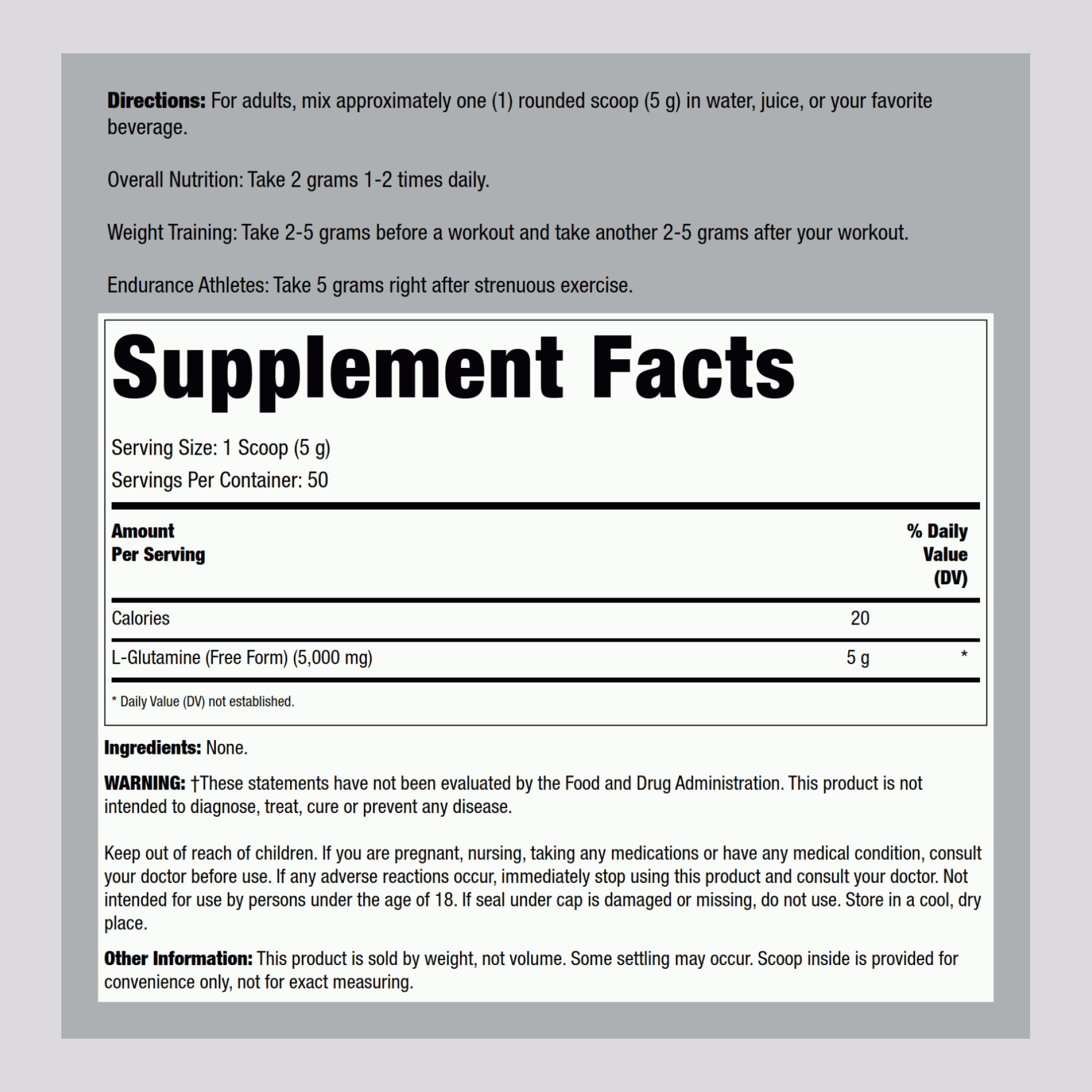 L-Glutamine Powder, 5000 mg, 250 g (8.82 oz) Bottle