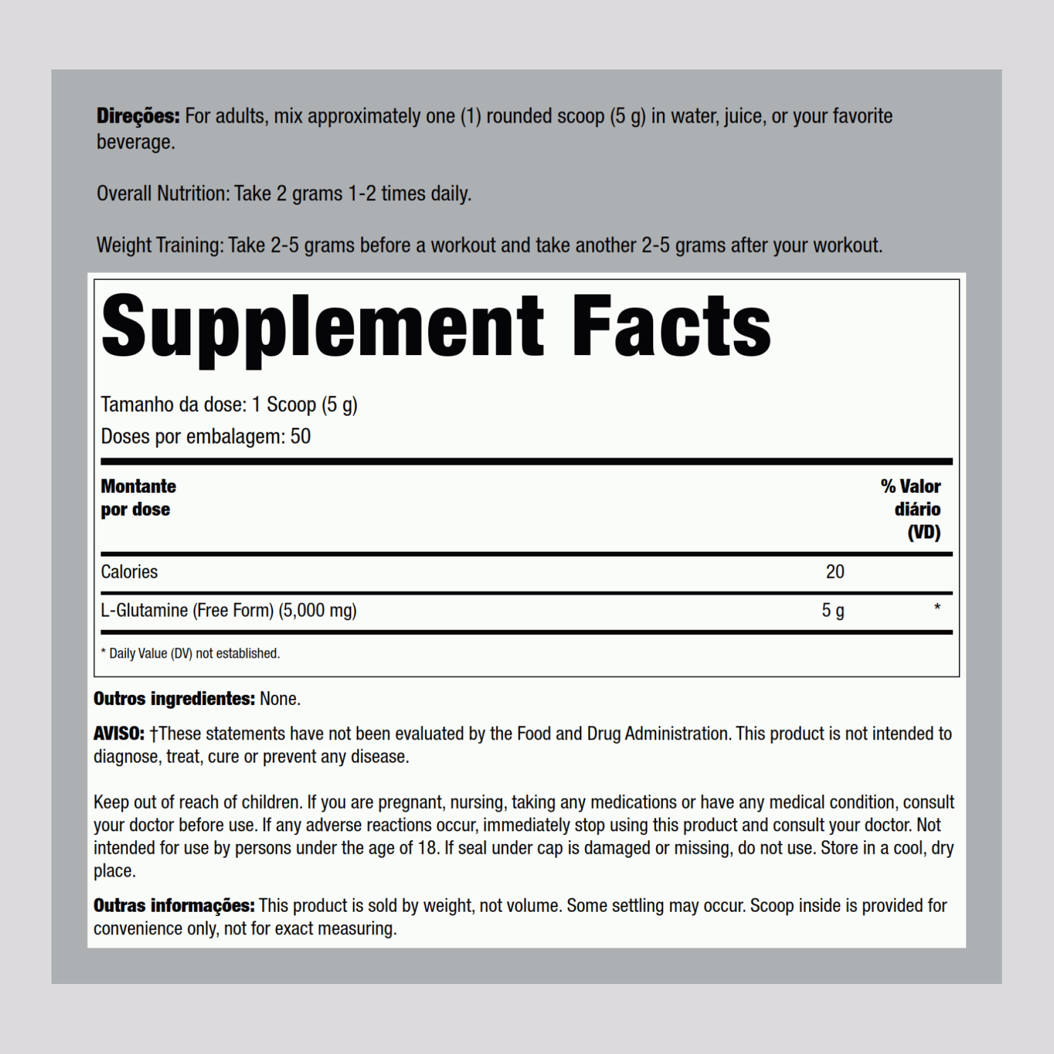 Pó de L-glutamina 5000 mg 250 g 8.82 oz Frasco 2 Frascos