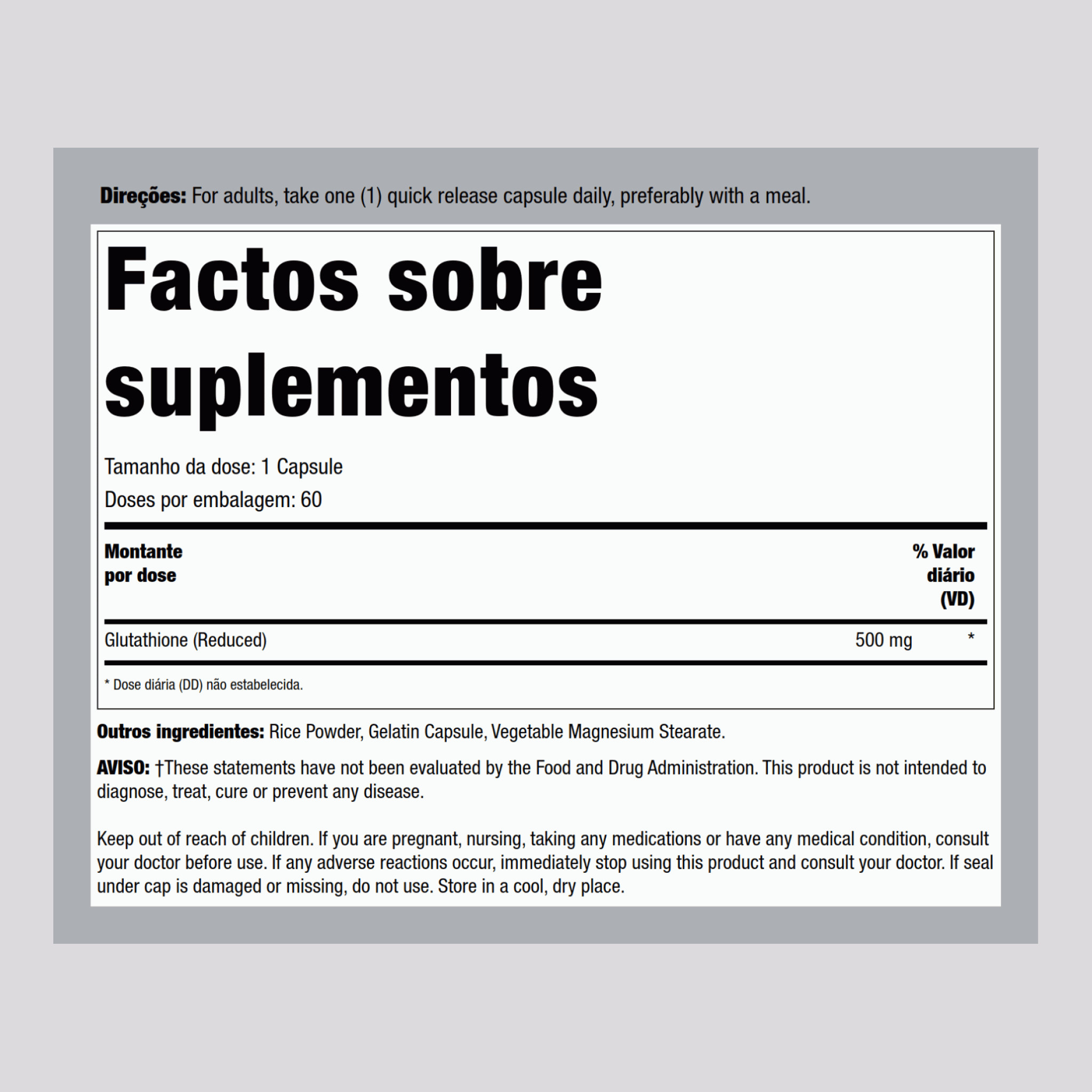 L-glutatião (redução) 500 mg 60 Cápsulas de Rápida Absorção     