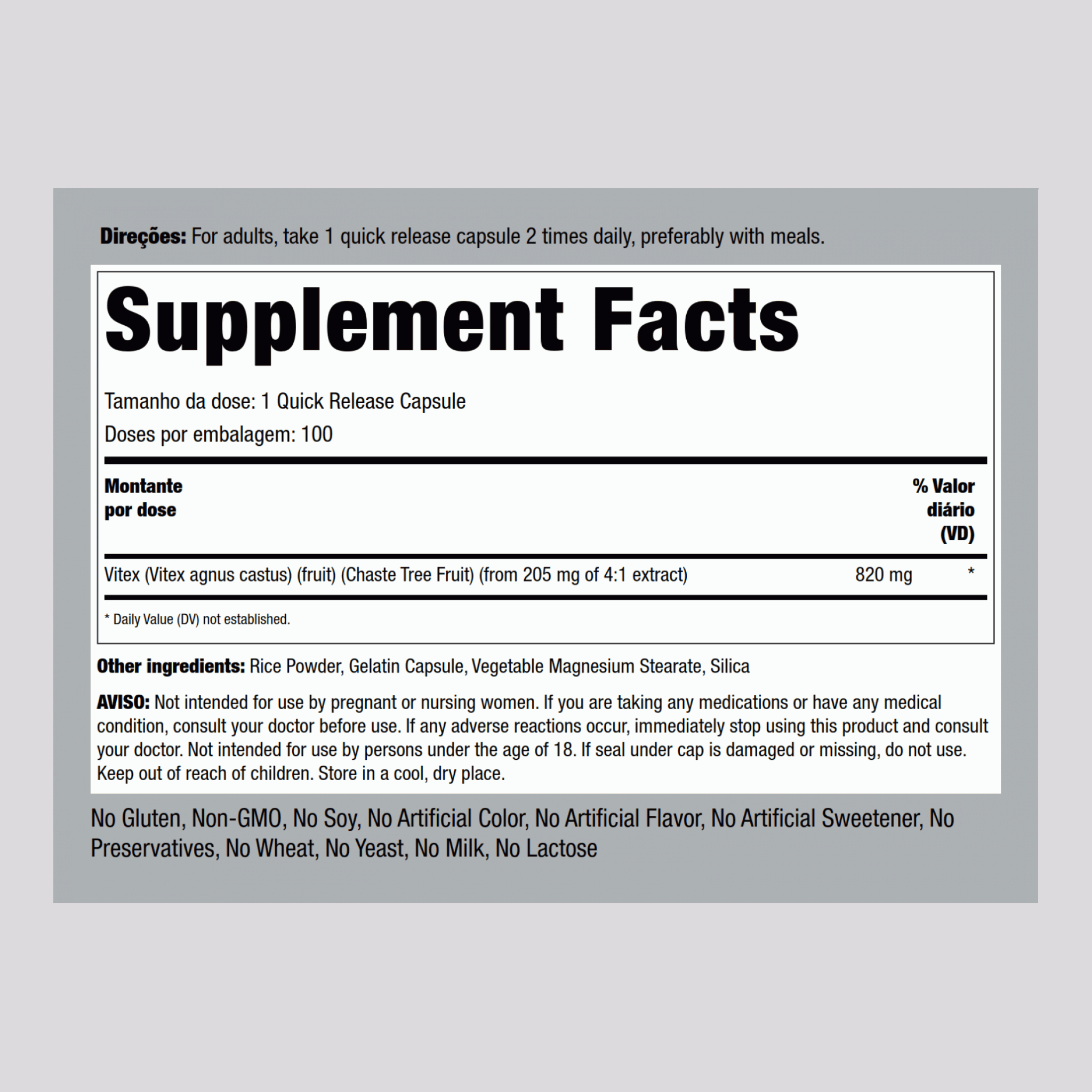 Vitex (pimenteiro-bravo)  820 mg 100 Cápsulas de Rápida Absorção     