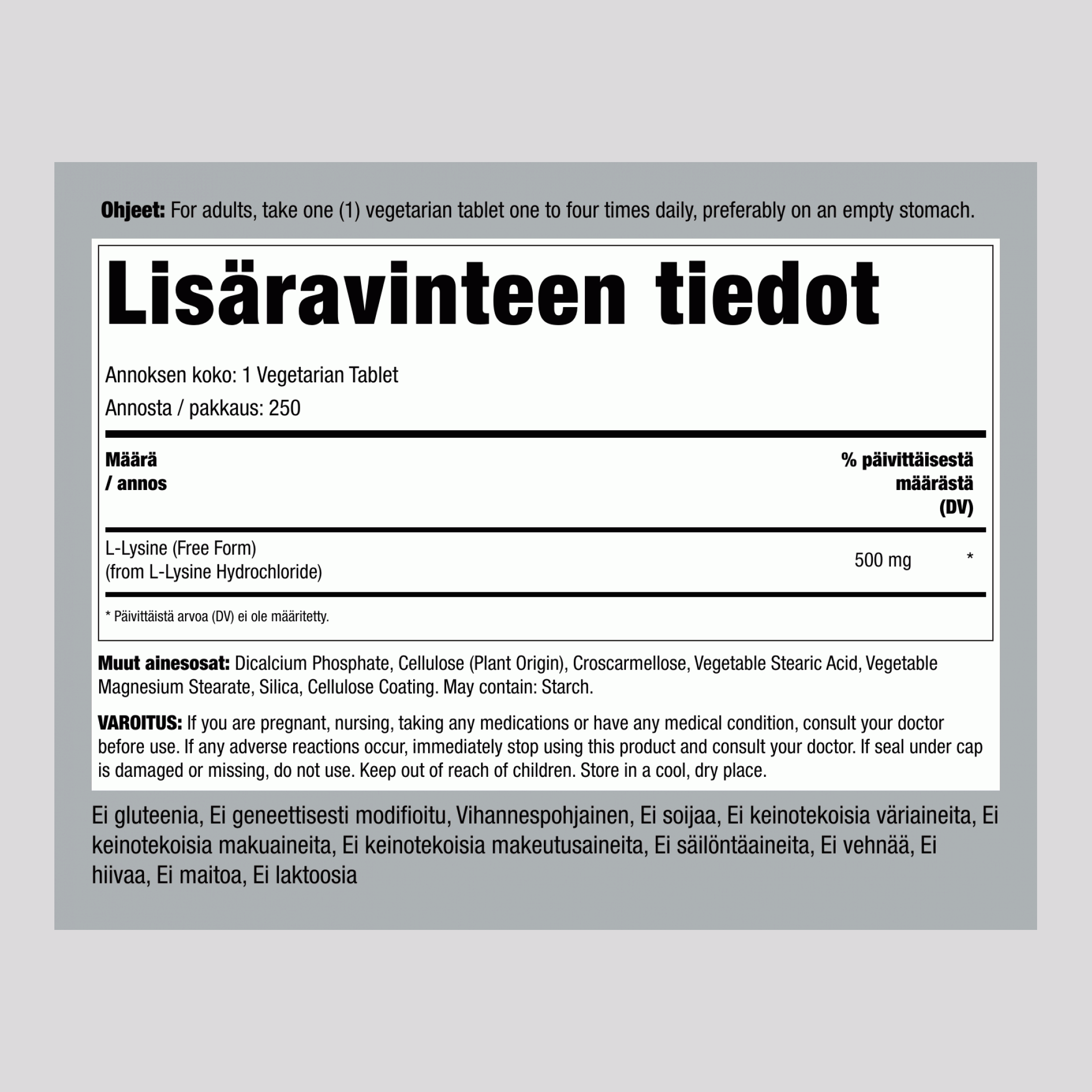 L-lysiini 500 mg 250 Kasvistabletit     