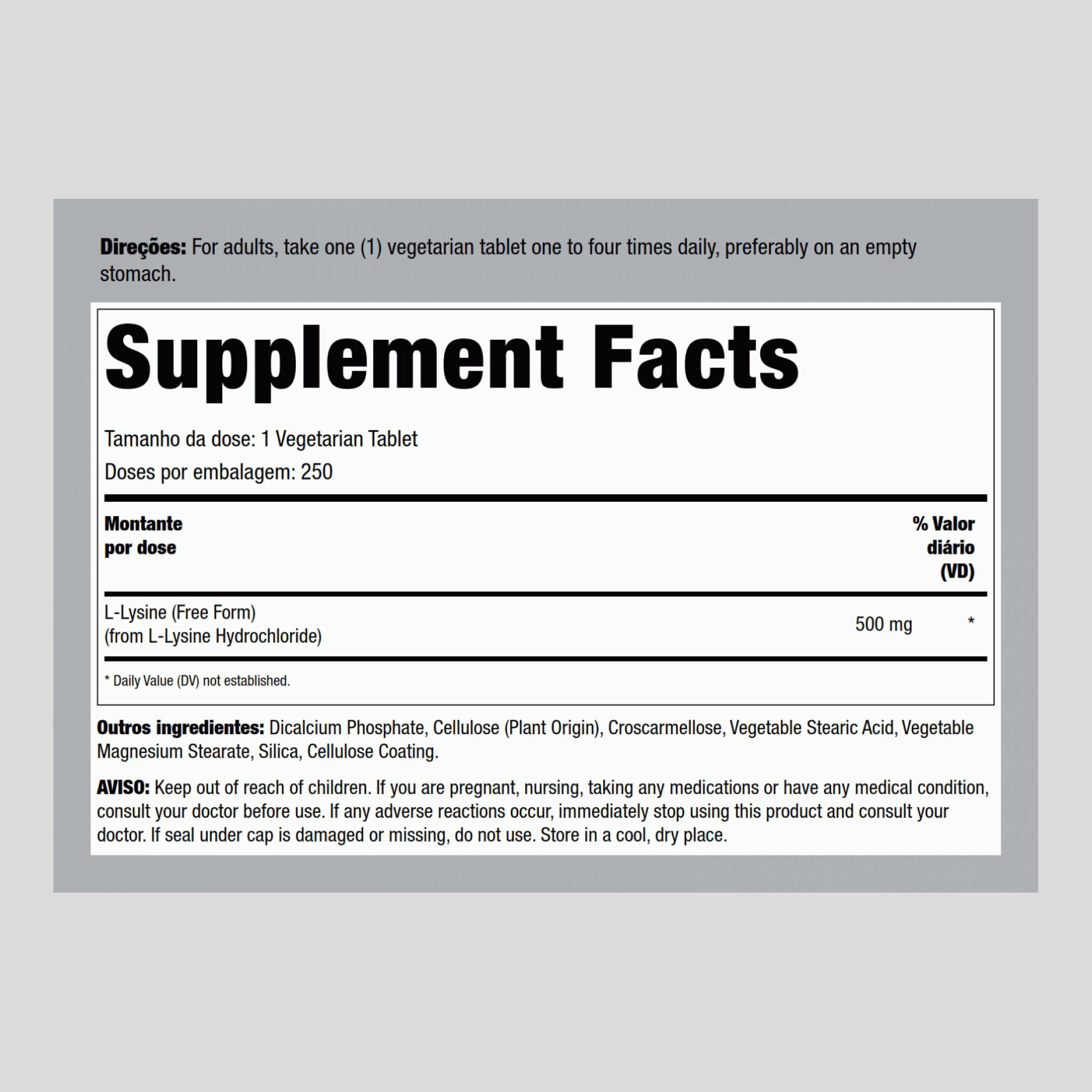 L-lisina (forma livre) 500 mg 250 Comprimidos vegetarianos     