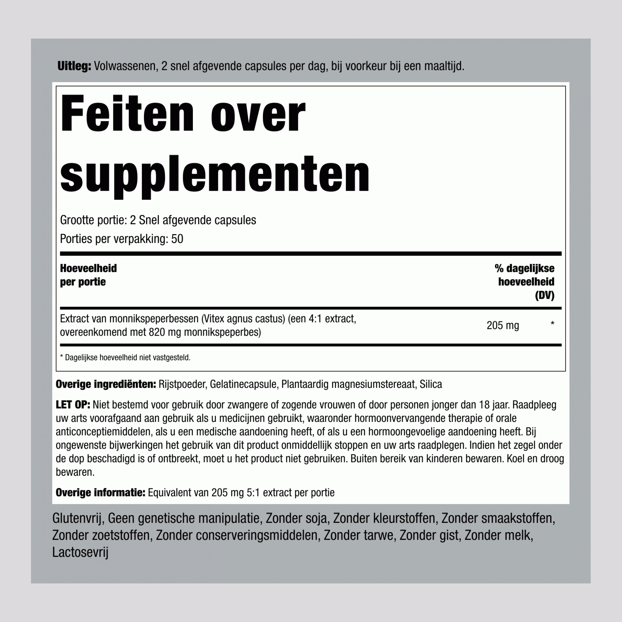 Vitex (Kuisebessen), 820 mg (per portie), 100 Snelle Afgifte Capsules, 2 Flessen