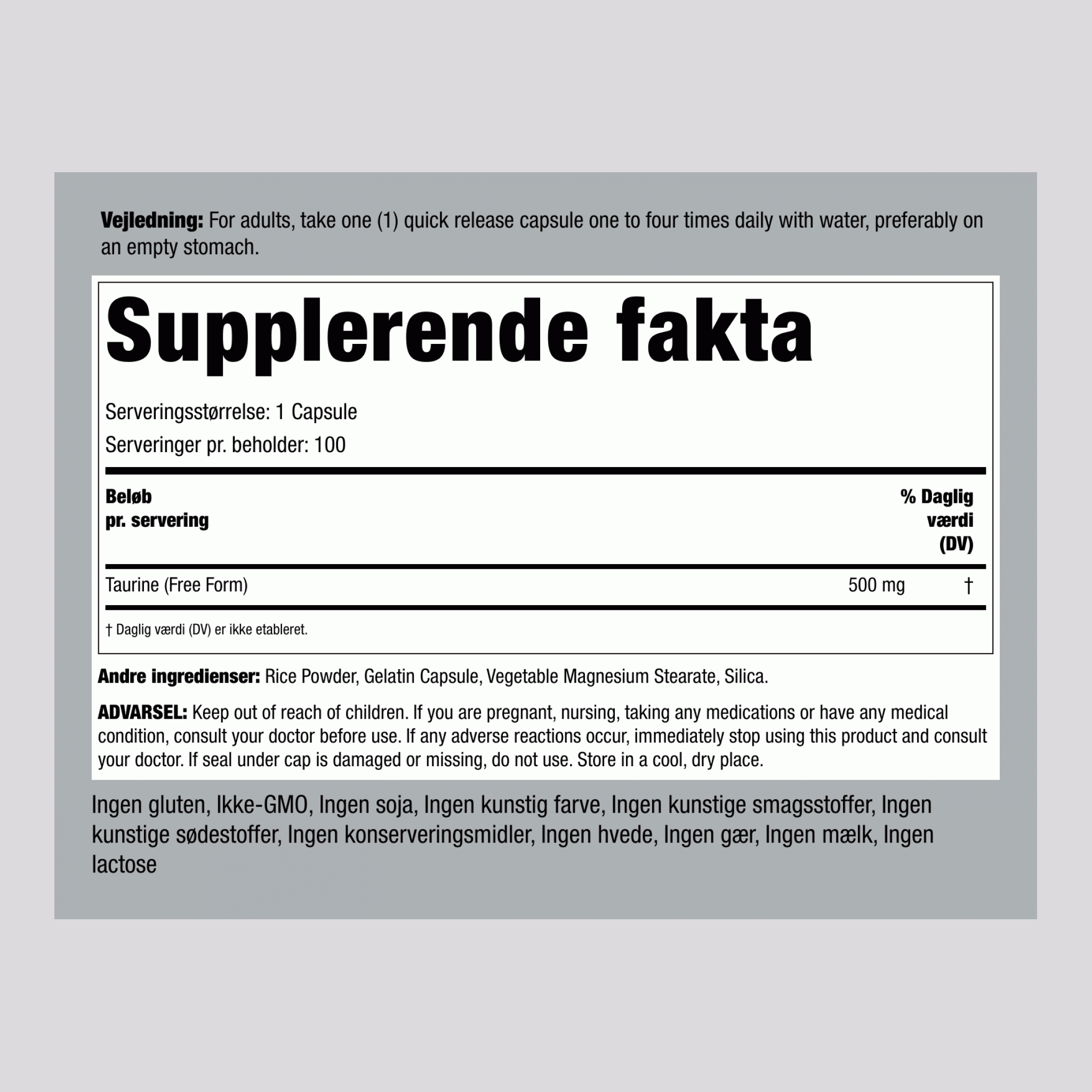 Taurin  500 mg 100 Kapsler for hurtig frigivelse     