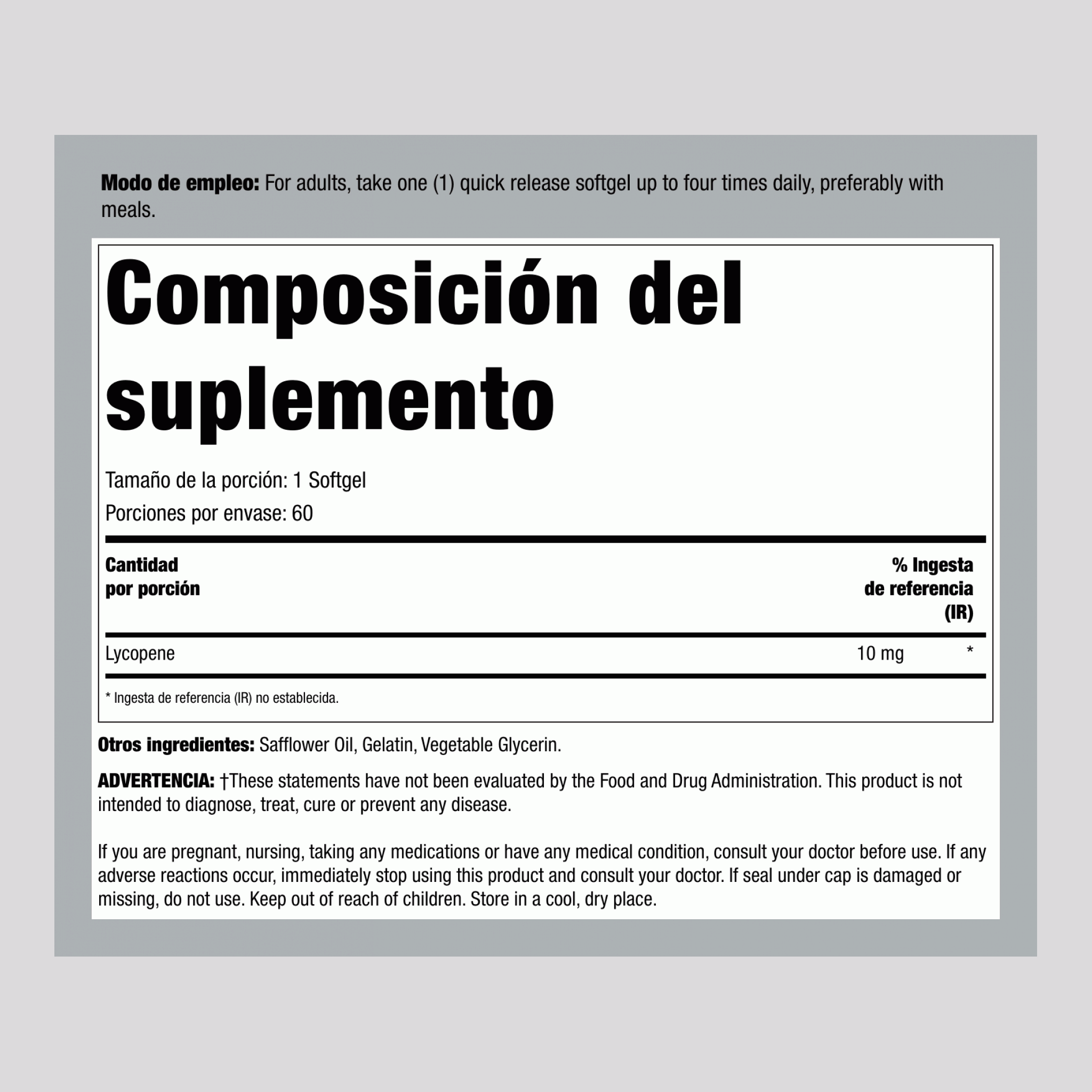 Licopeno  10 mg 60 Cápsulas blandas de liberación rápida     