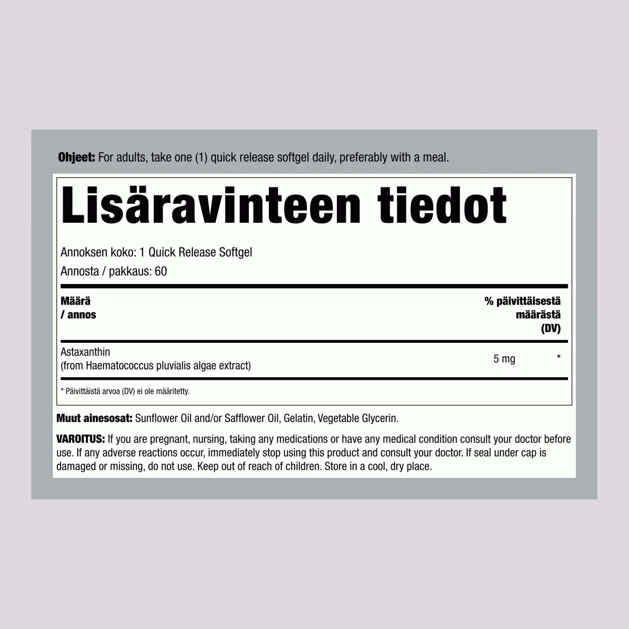 Astaksantiini,  5 mg 60 Pikaliukenevat geelit 2 Pulloa