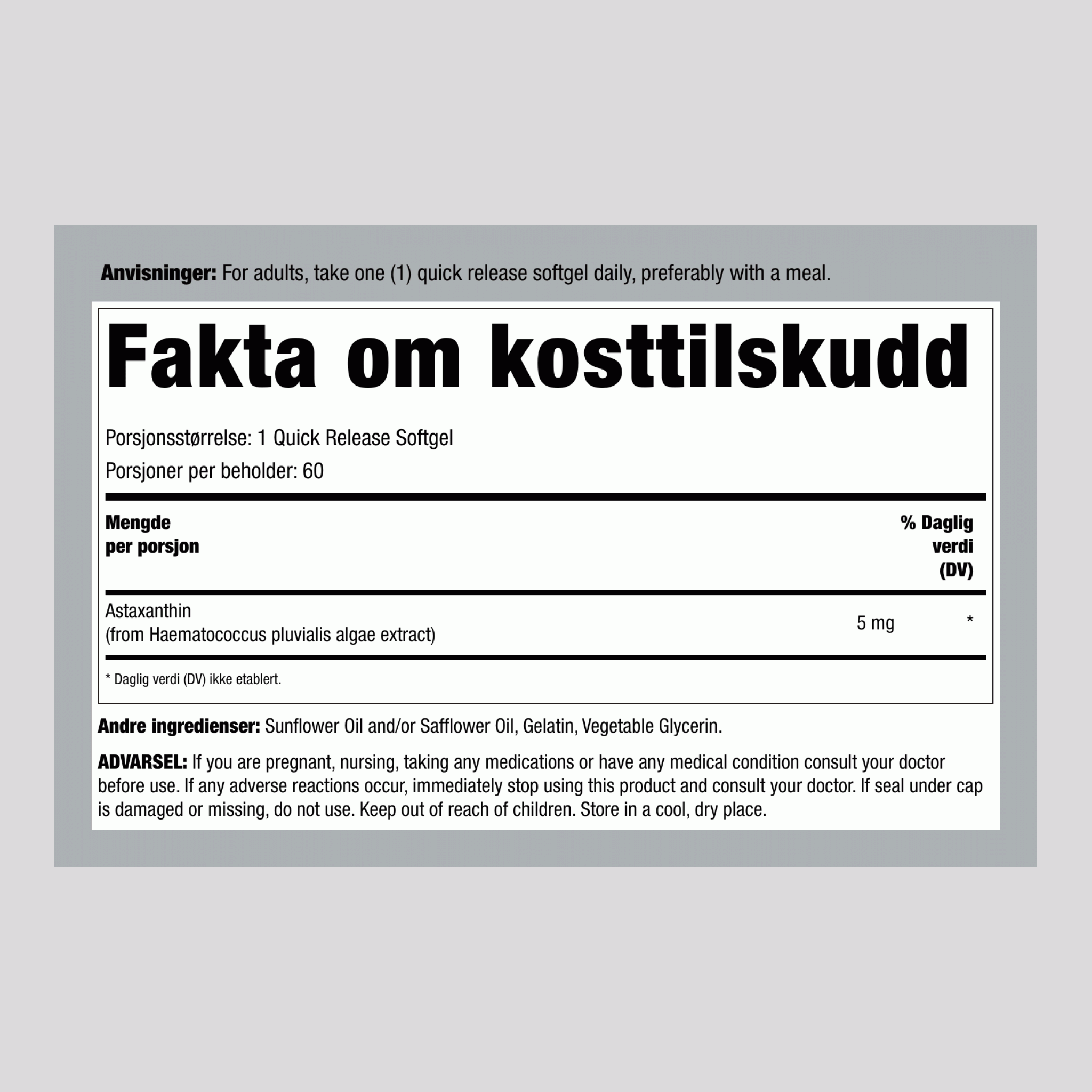 Astaxantin,  5 mg 60 Hurtigvirkende myke geleer 2 Flasker