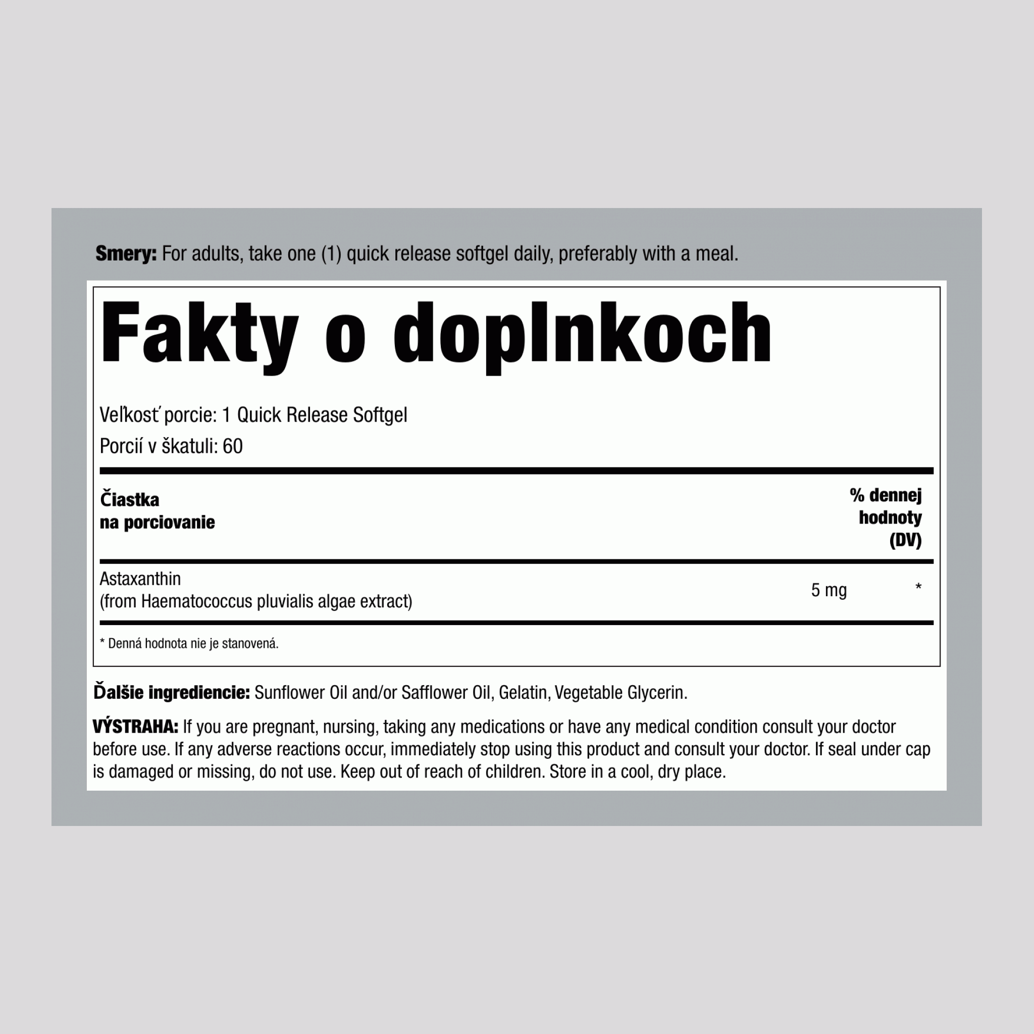 Astaxantín,  5 mg 60 Mäkké gély s rýchlym uvoľňovaním 2 Fľaše