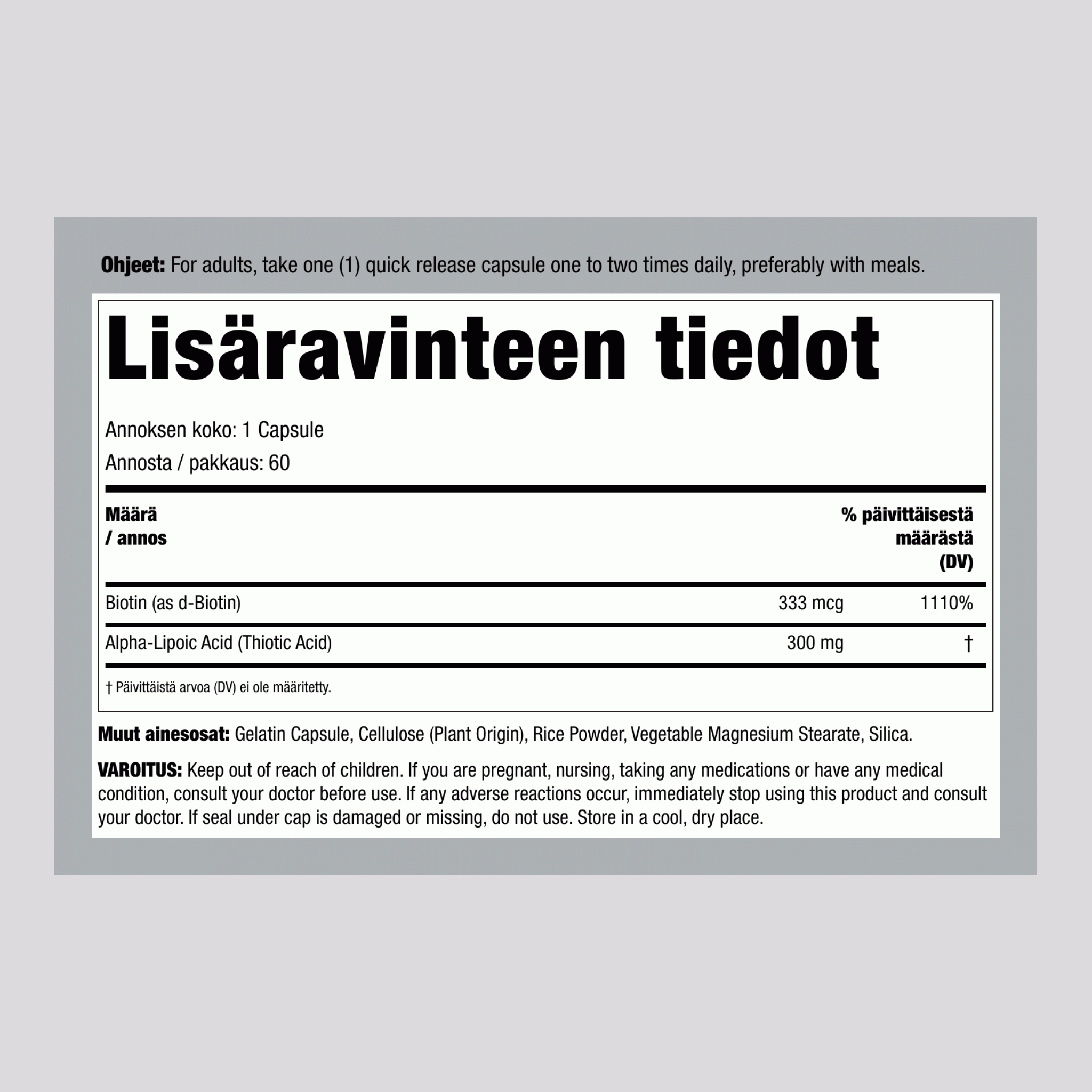 Lipoiinihappo ja biotiini-optimoija 300 mg 60 Pikaliukenevat kapselit     