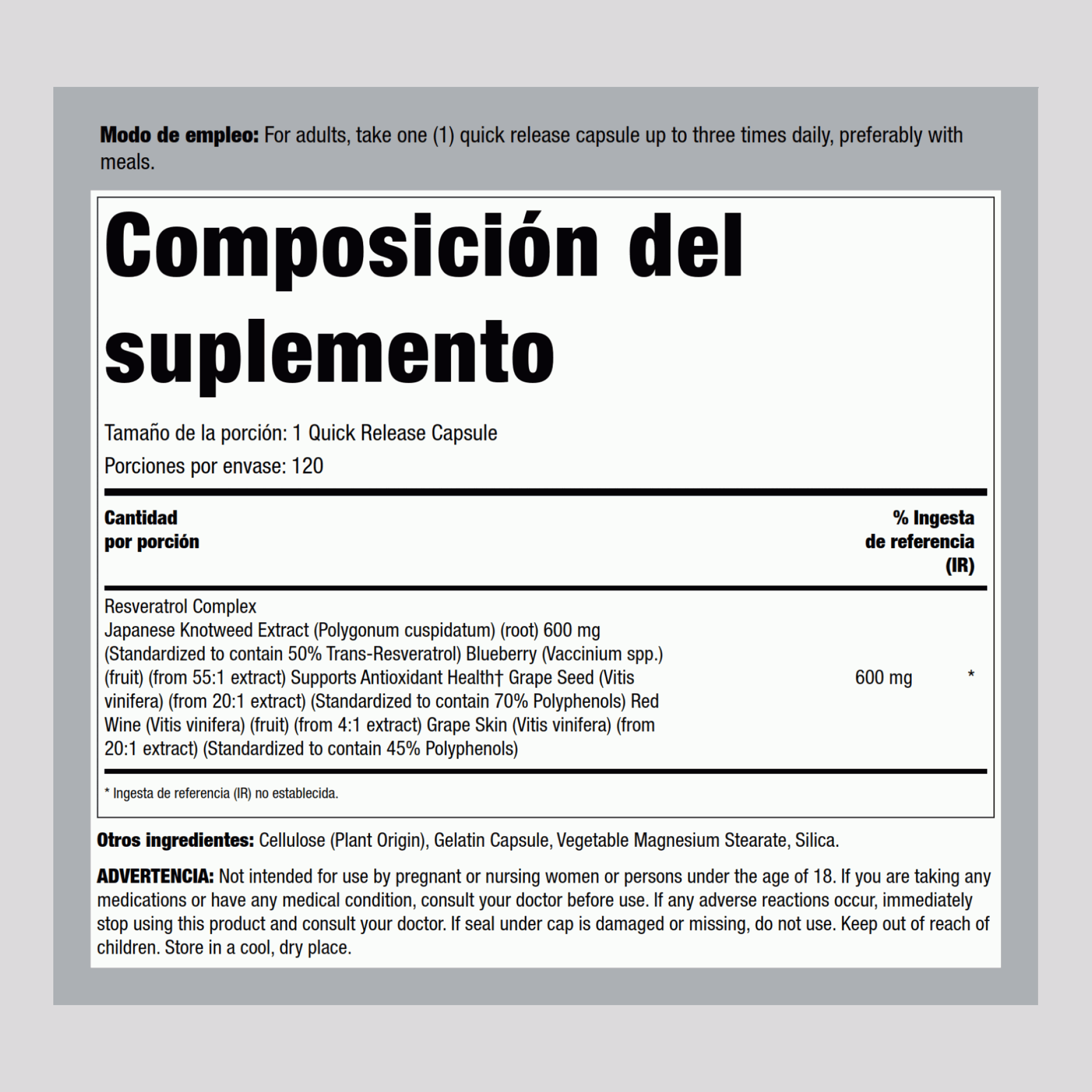 Complejo de resveratrol 600 mg 120 Cápsulas de liberación rápida