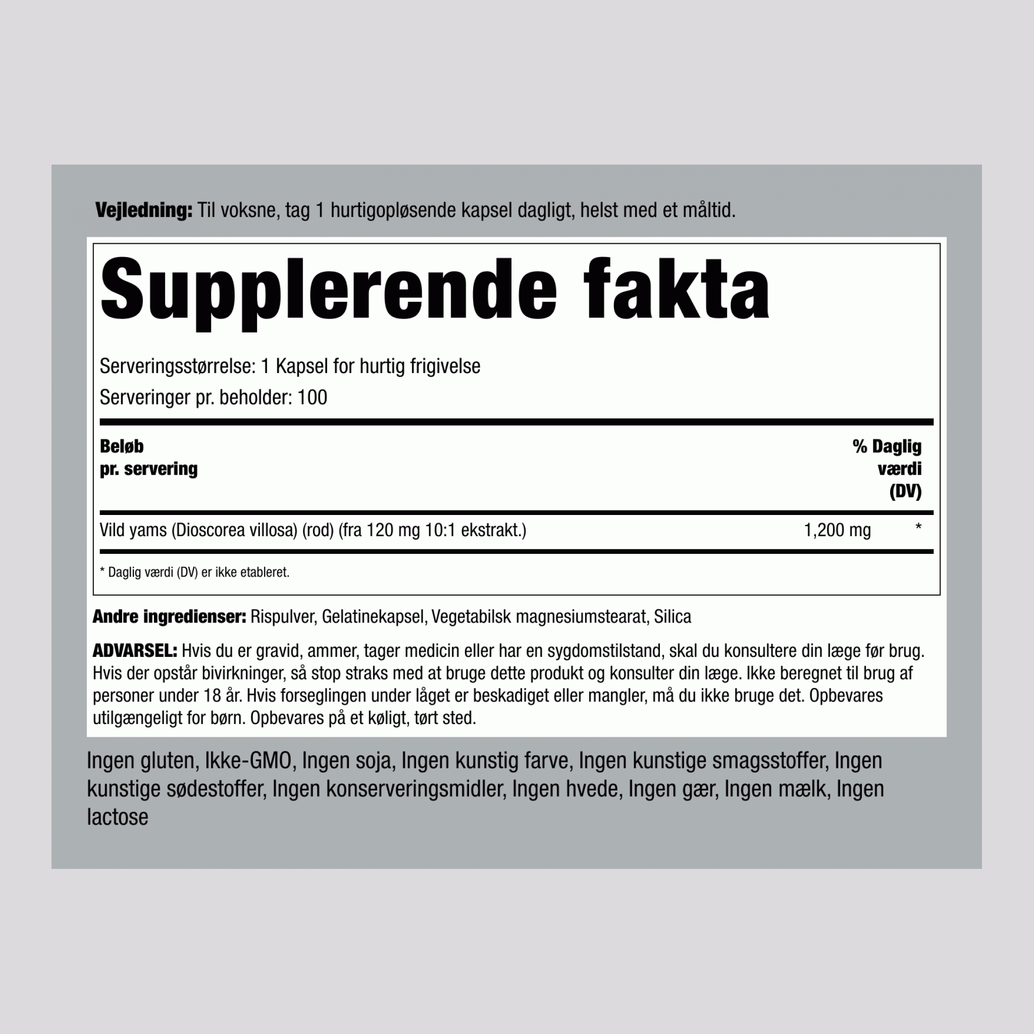 Vild yamsrod  1200 mg 100 Kapsler for hurtig frigivelse     