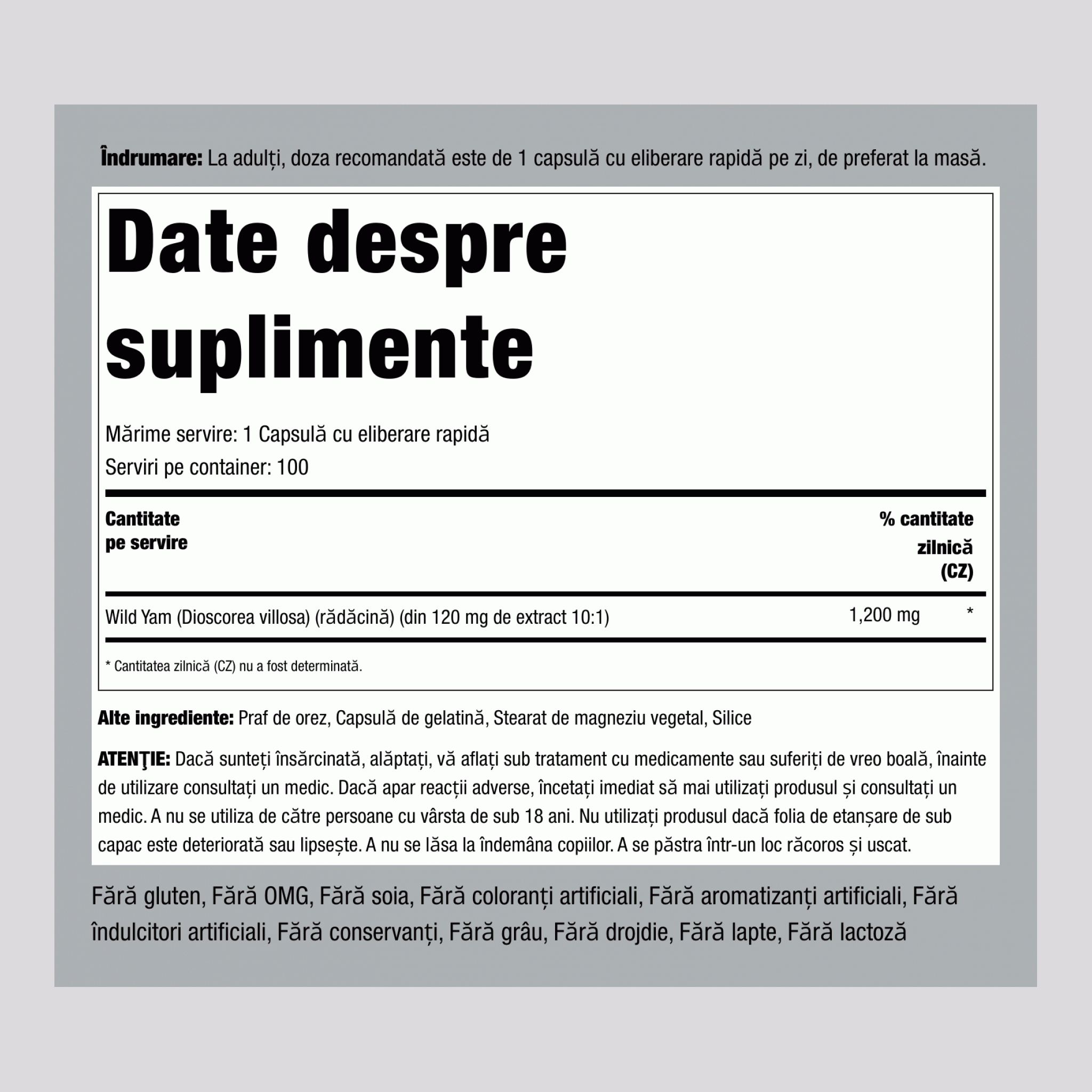 Rădăcină de yam sălbatic ,  1200 mg 100 Capsule cu eliberare rapidă 2 Sticle