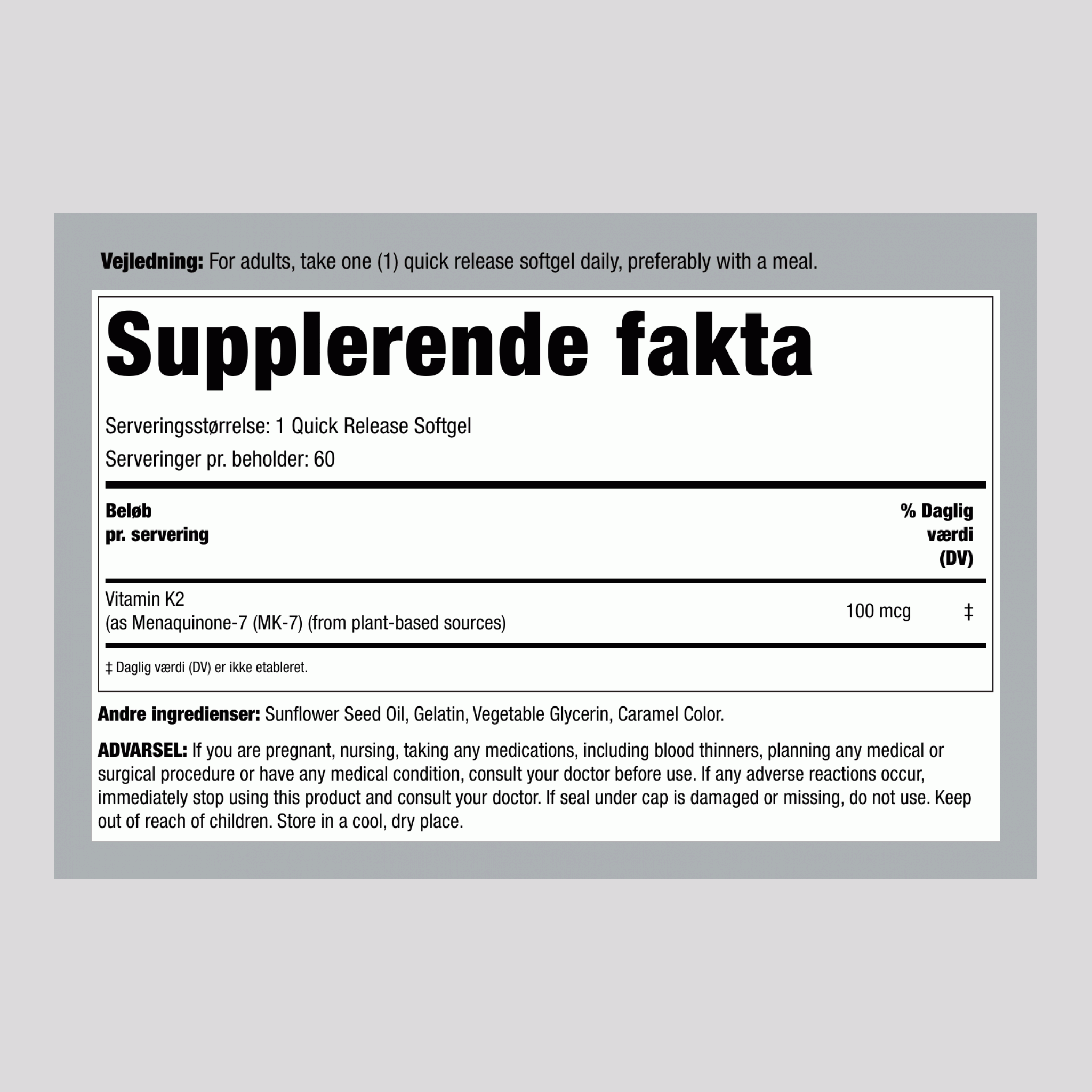 Vitamin K2 MK-7 100 mcg 60 Softgel for hurtig frigivelse     