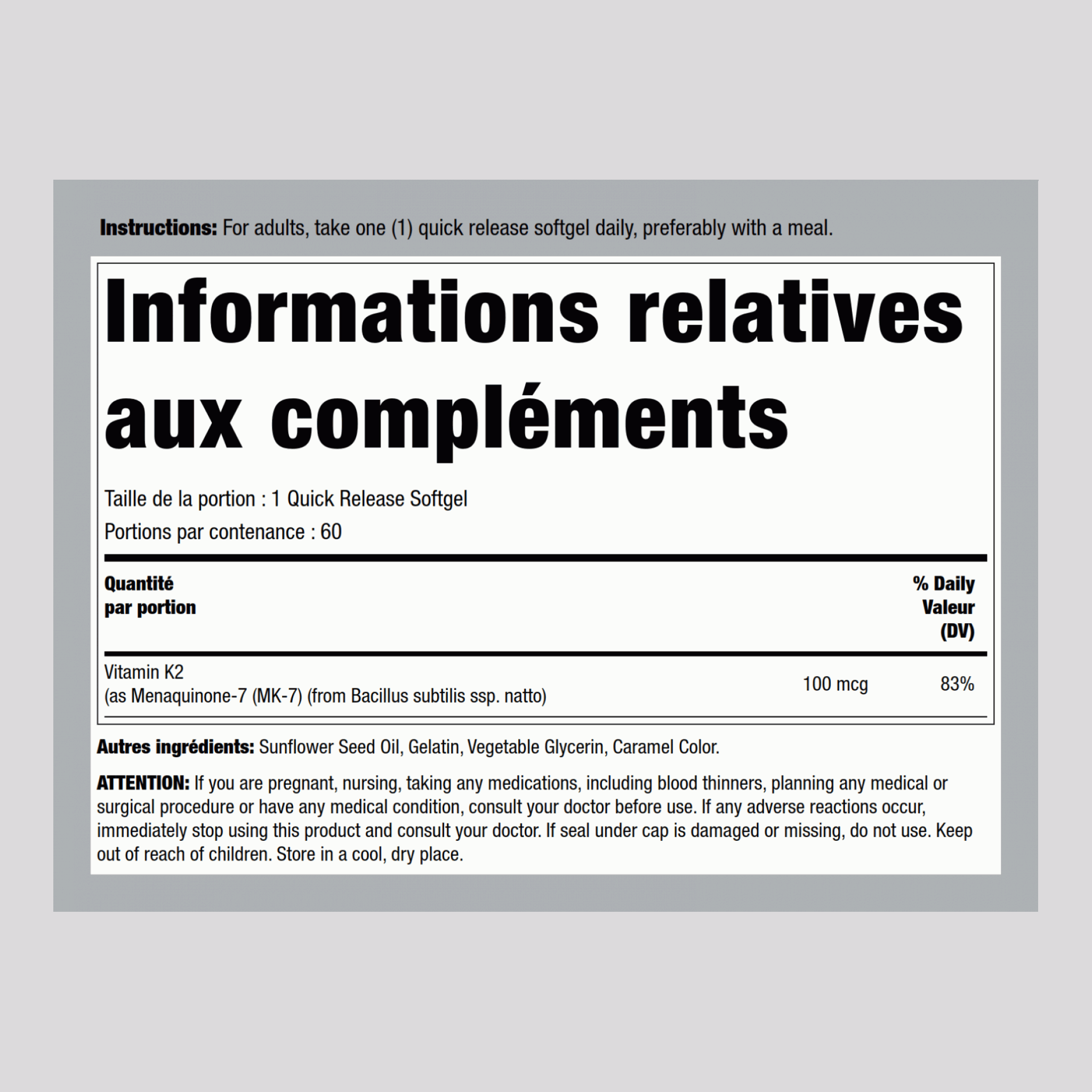 Vitamine K 2 MK-7 100 mcg 60 Capsules molles à libération rapide     