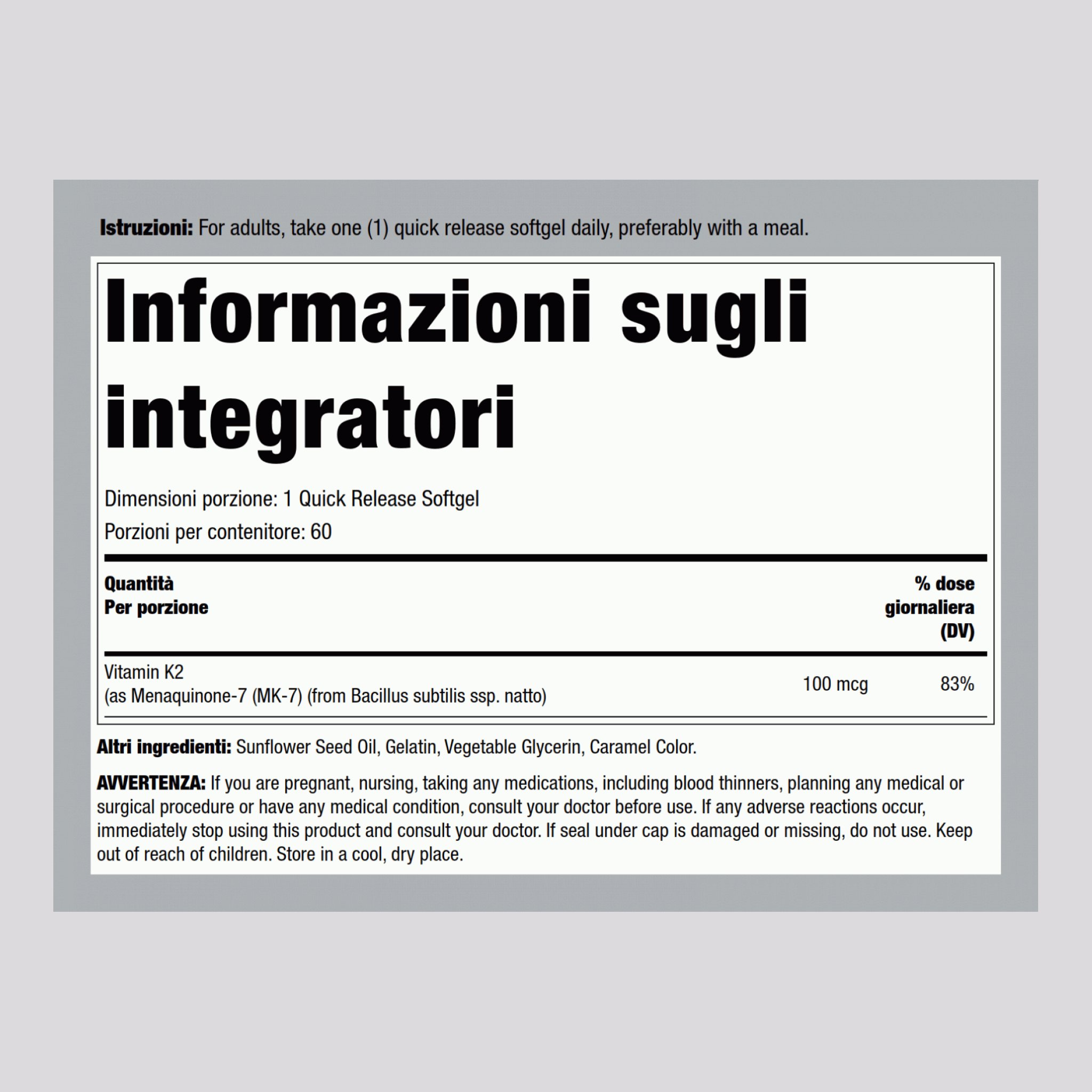 Vitamina K-2 MK-7 100 mcg 60 Capsule in gelatina molle a rilascio rapido     