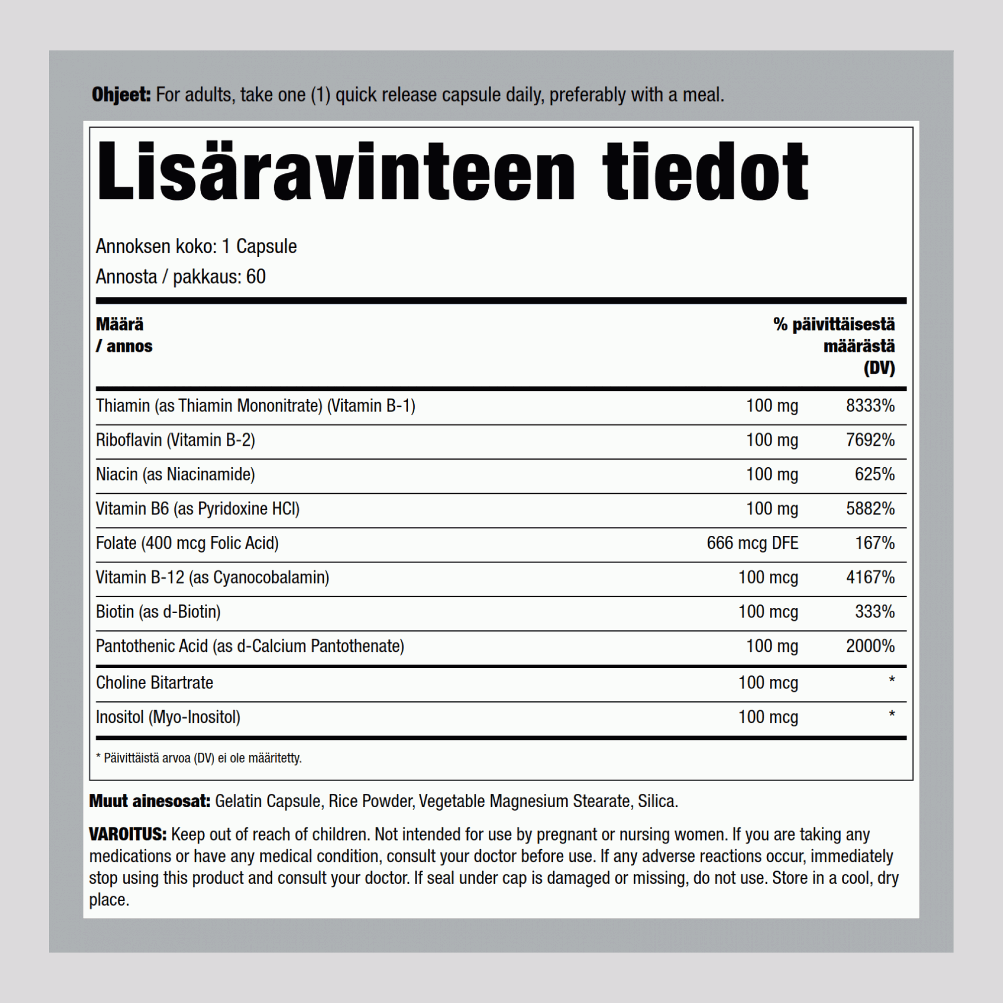 B-Monivitamiinit 100 mg 100 mg 60 Pikaliukenevat kapselit 2 Pulloa  