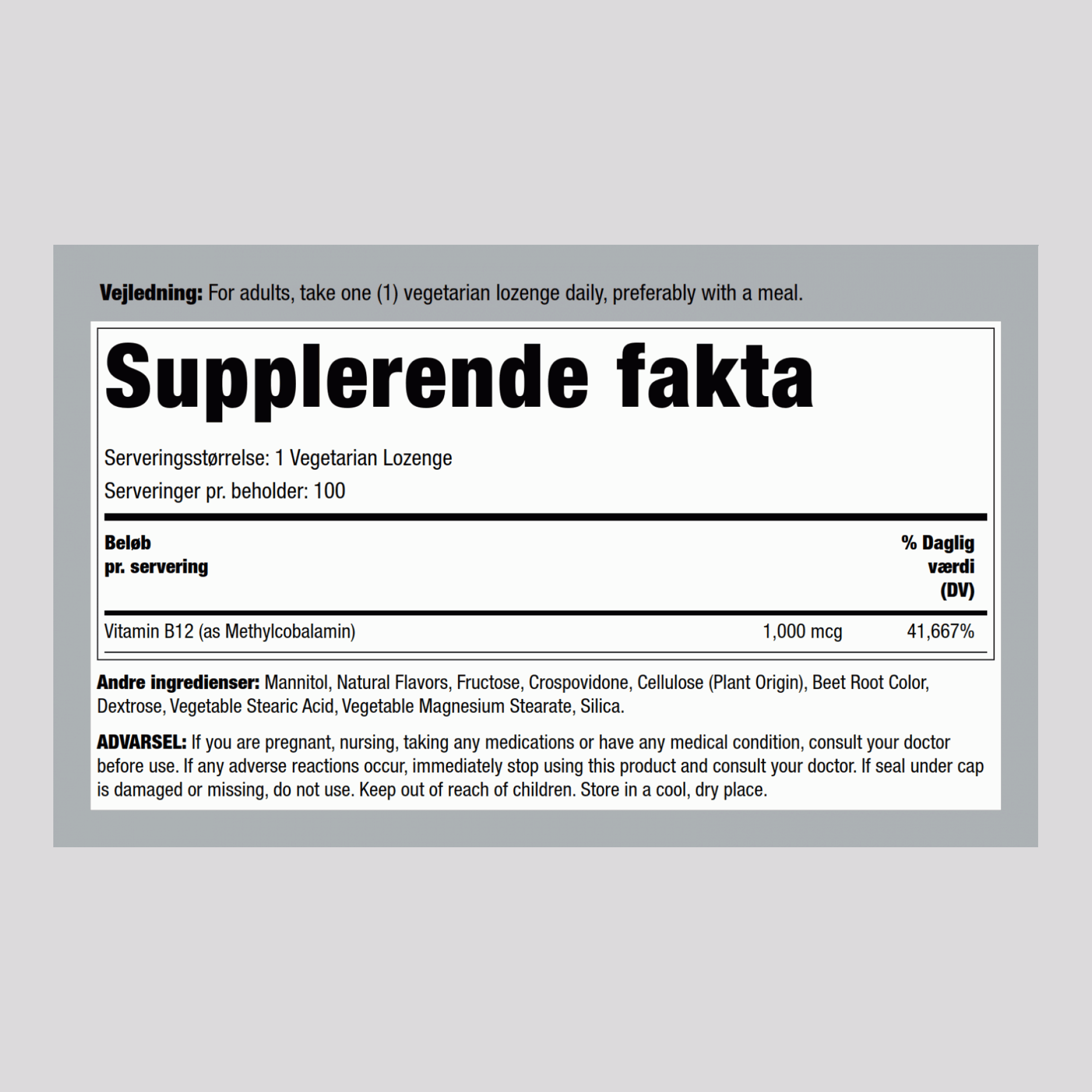 Metyl-B-12-sugetabletter (naturlige bær) 1000 mcg 100 Vegetariske pastiller     