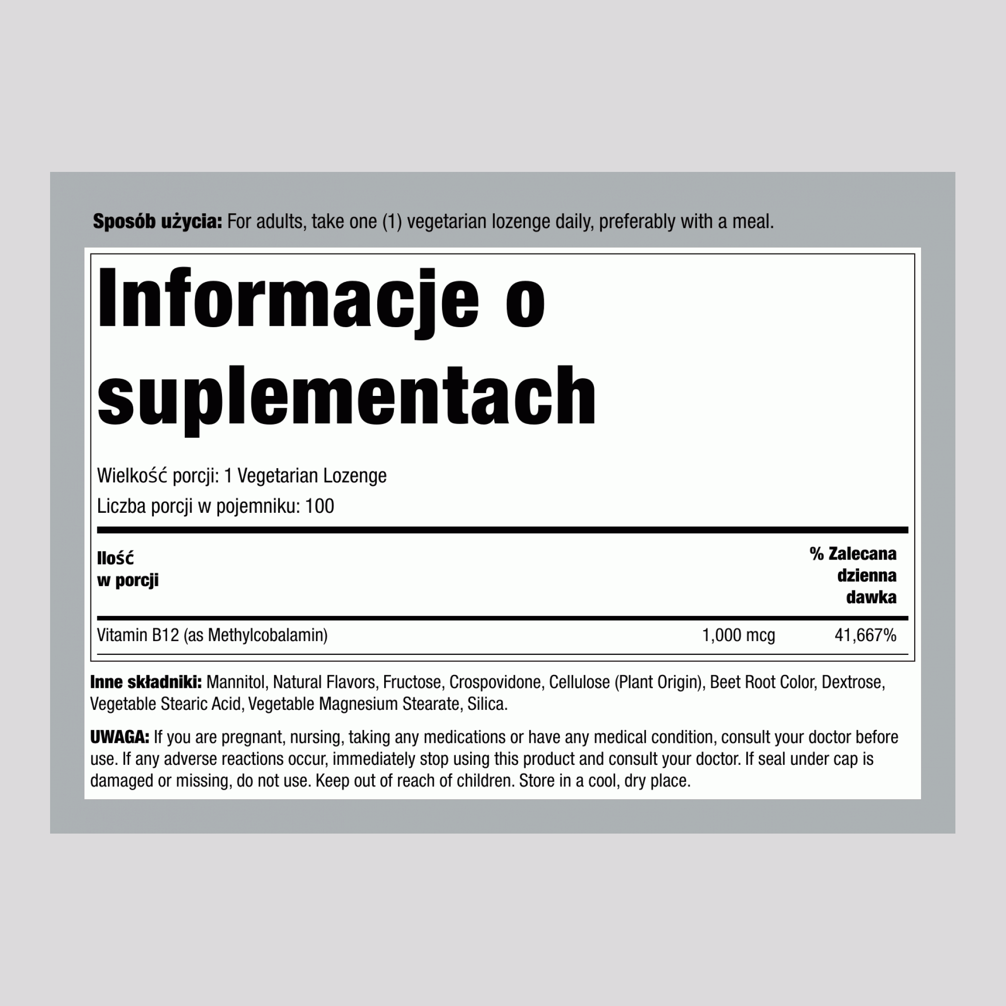 Pastylki Methyl B-12 (naturalna jagoda) 1000 mcg 100 Pastylki wegetariańskie     